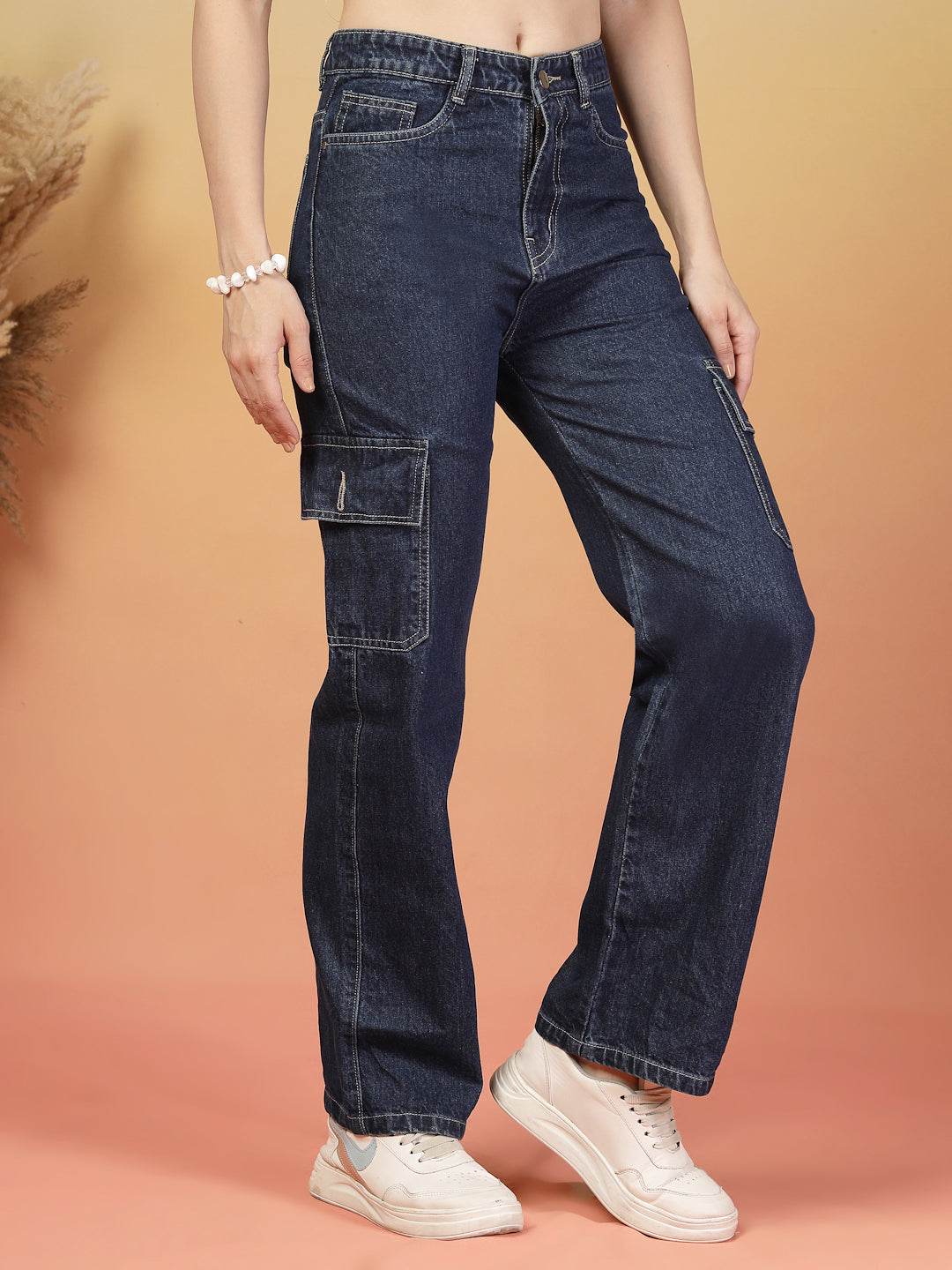 Women's Dark Blue High-Waisted Denim Pants by