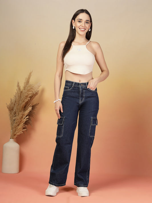 Women's Dark Blue High-Waisted Denim Pants by