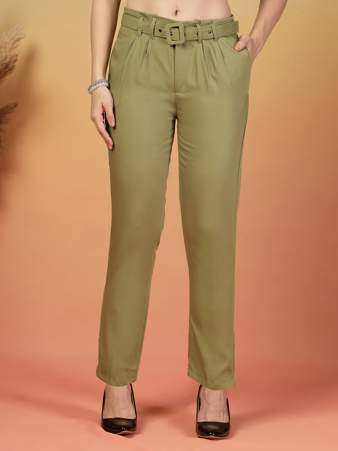 Soft Olive Belted Formal Pants for Women | By ItalianVega