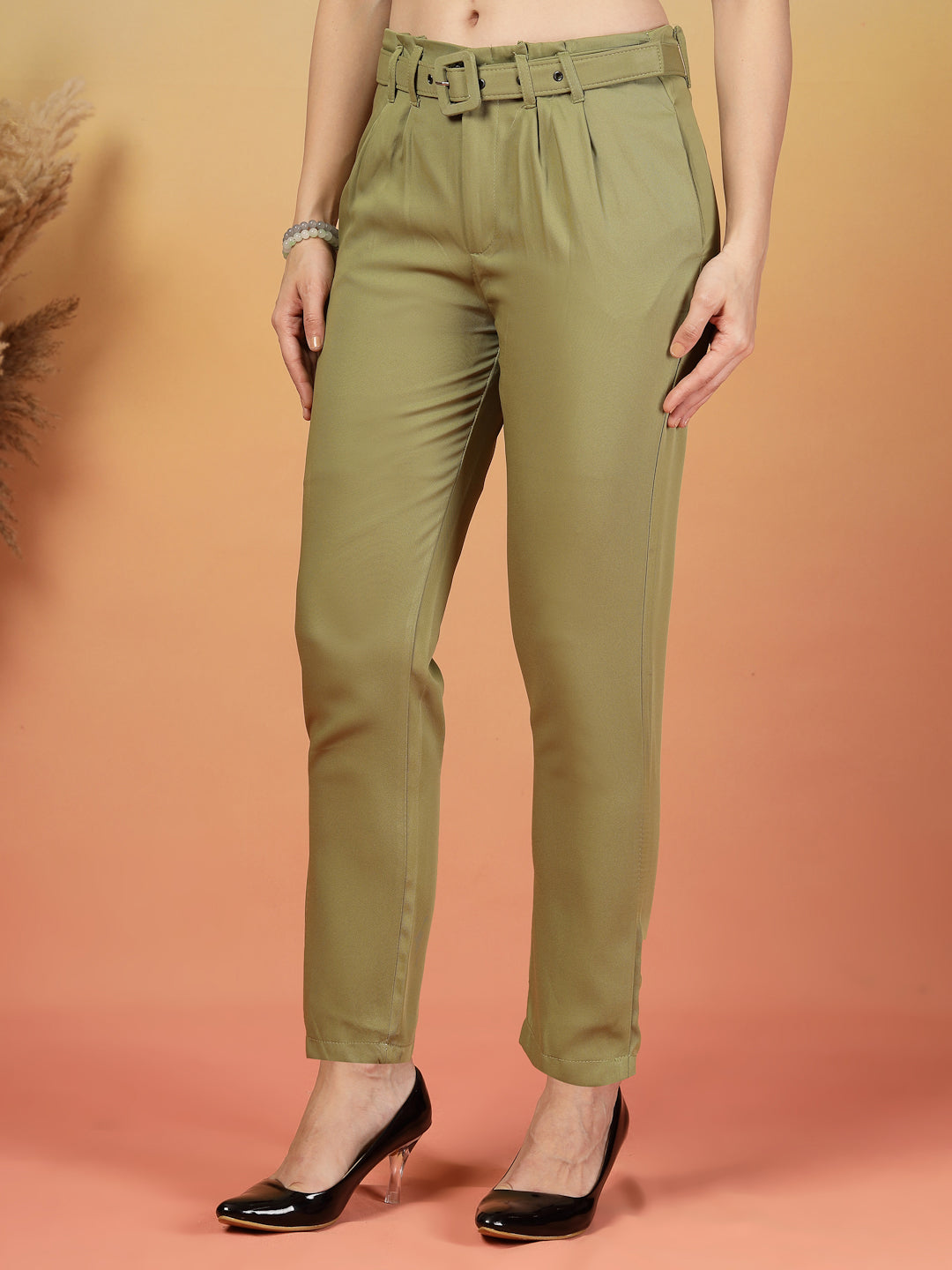 Soft Olive Belted Formal Pants for Women | By ItalianVega