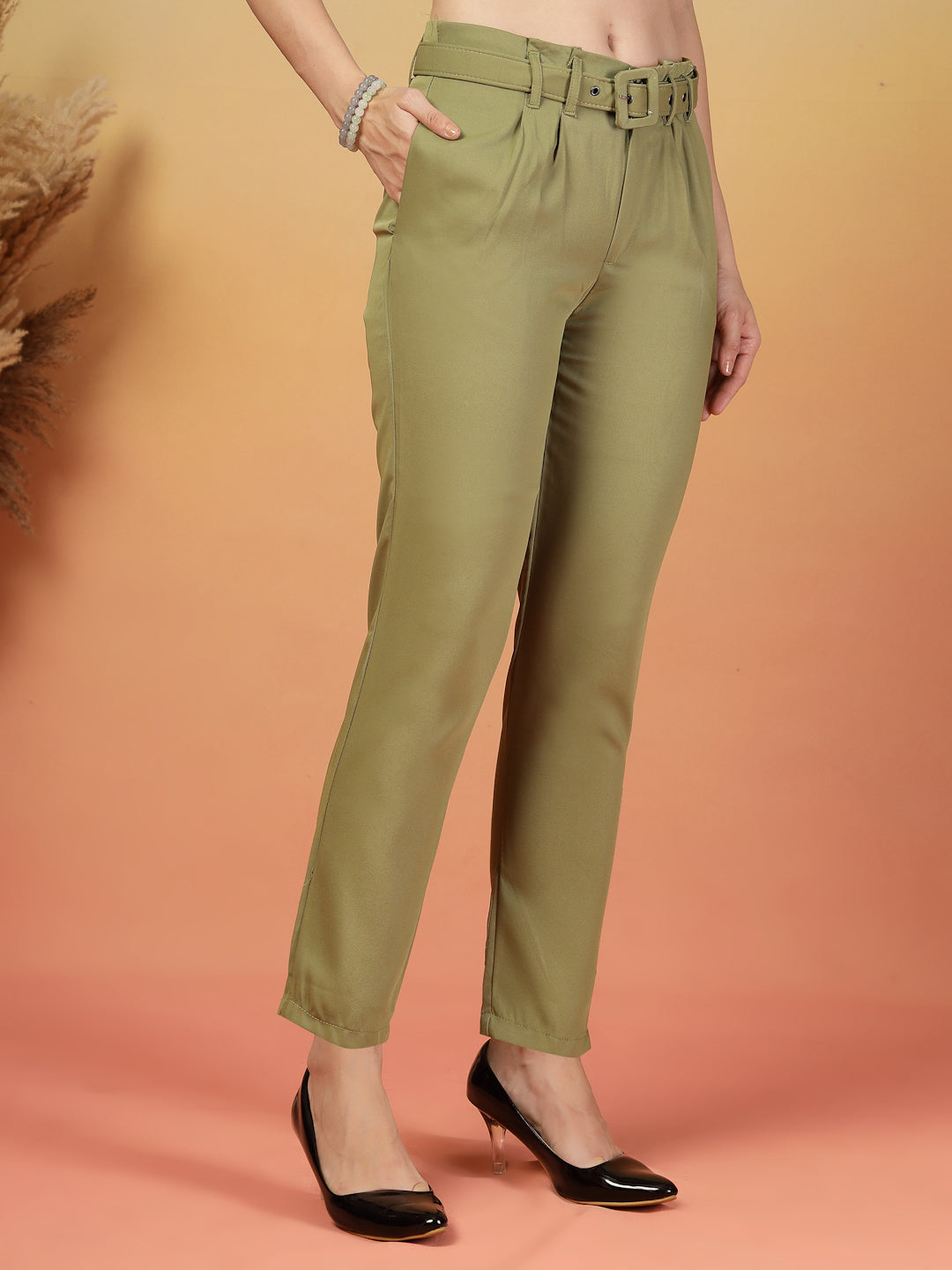Soft Olive Belted Formal Pants for Women | By ItalianVega