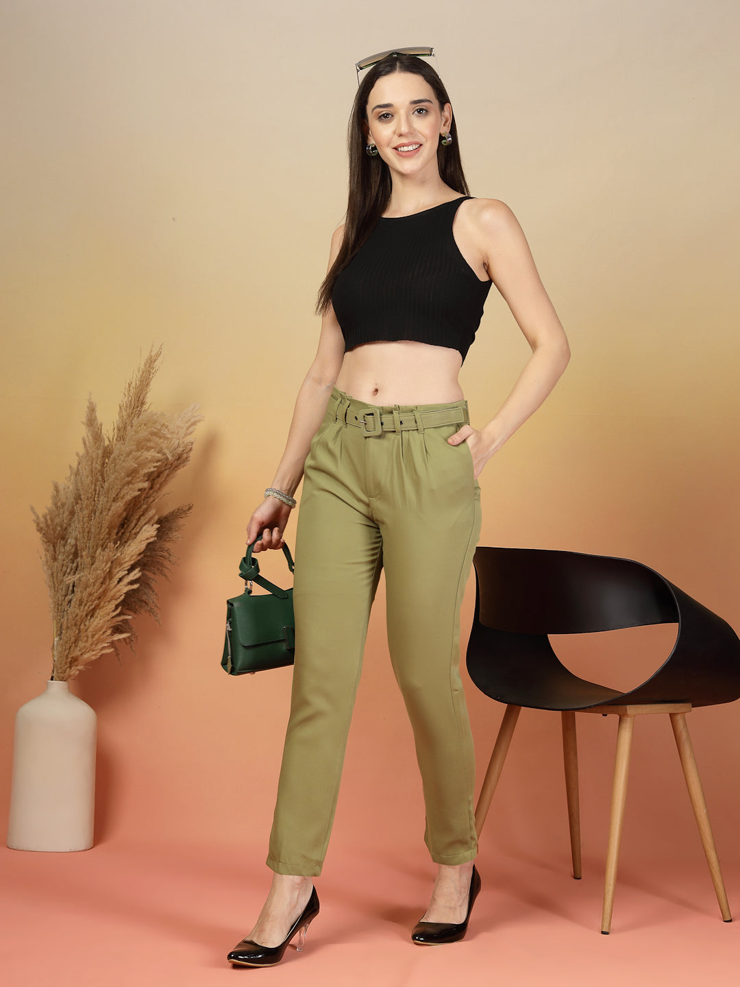 Soft Olive Belted Formal Pants for Women | By ItalianVega