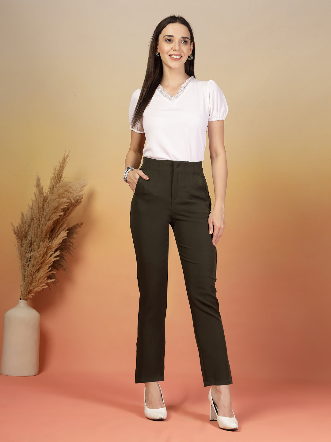 Brown High-Waist Stretchable Formal Pants for Women | By ItalianVega