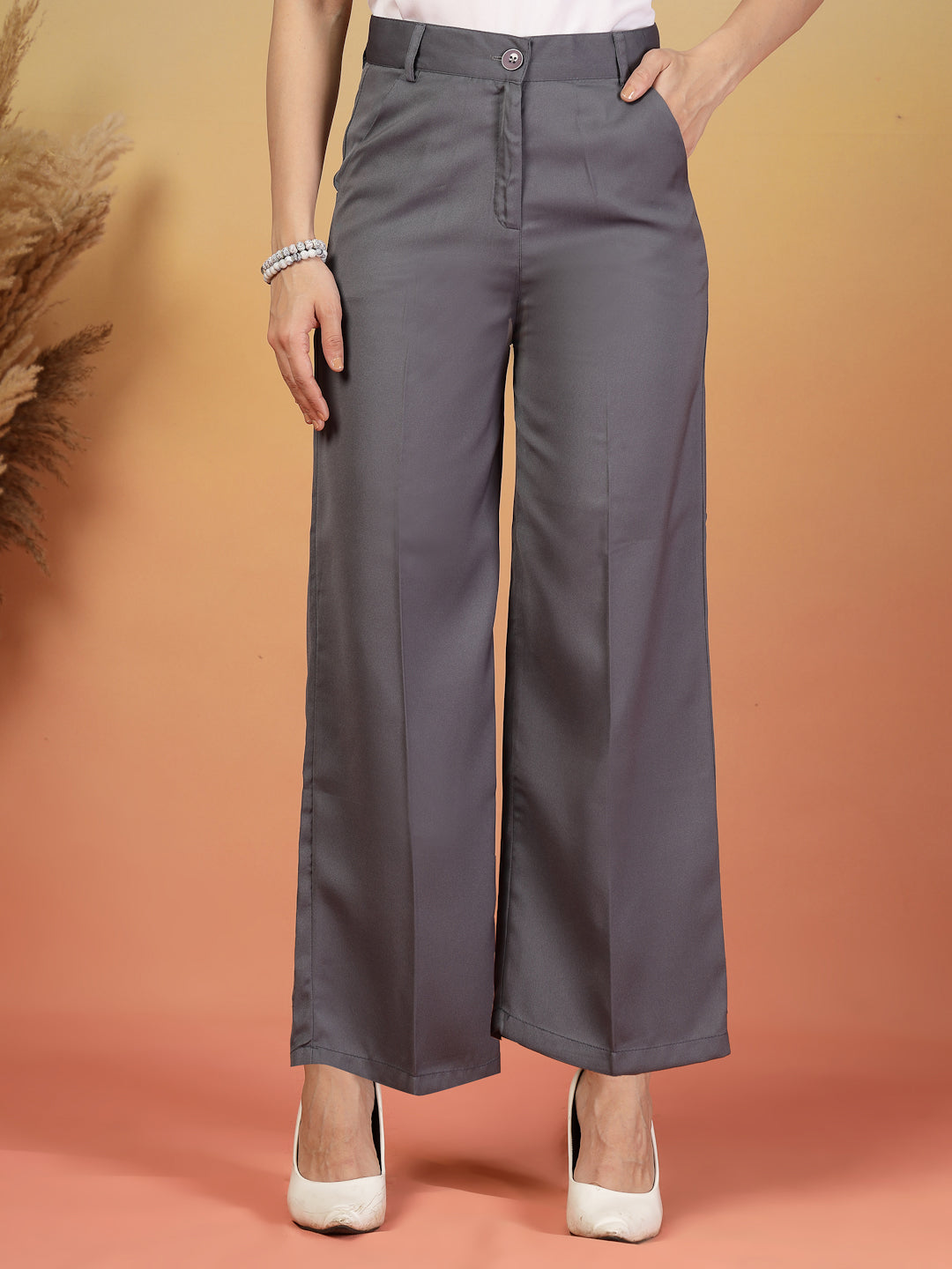 Grey Stretchable High-Waist Formal Pants for Women | By ItalianVega