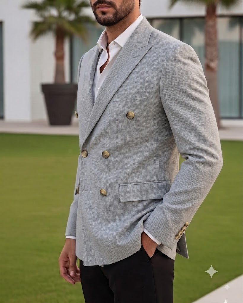 Light Grey Herringbone Double Breasted Blazer by Italian Vega®