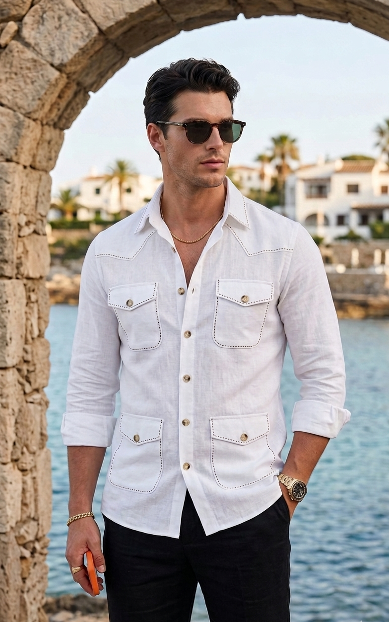 Man wearing a white shirt and sunglasses standing by a stone arch with water and buildings in the background