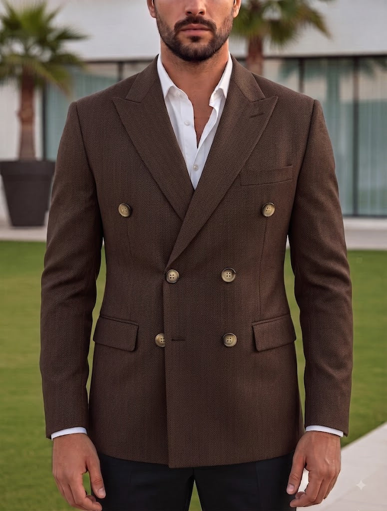Brown Herringbone Double Breasted Blazer by Italian Vega®
