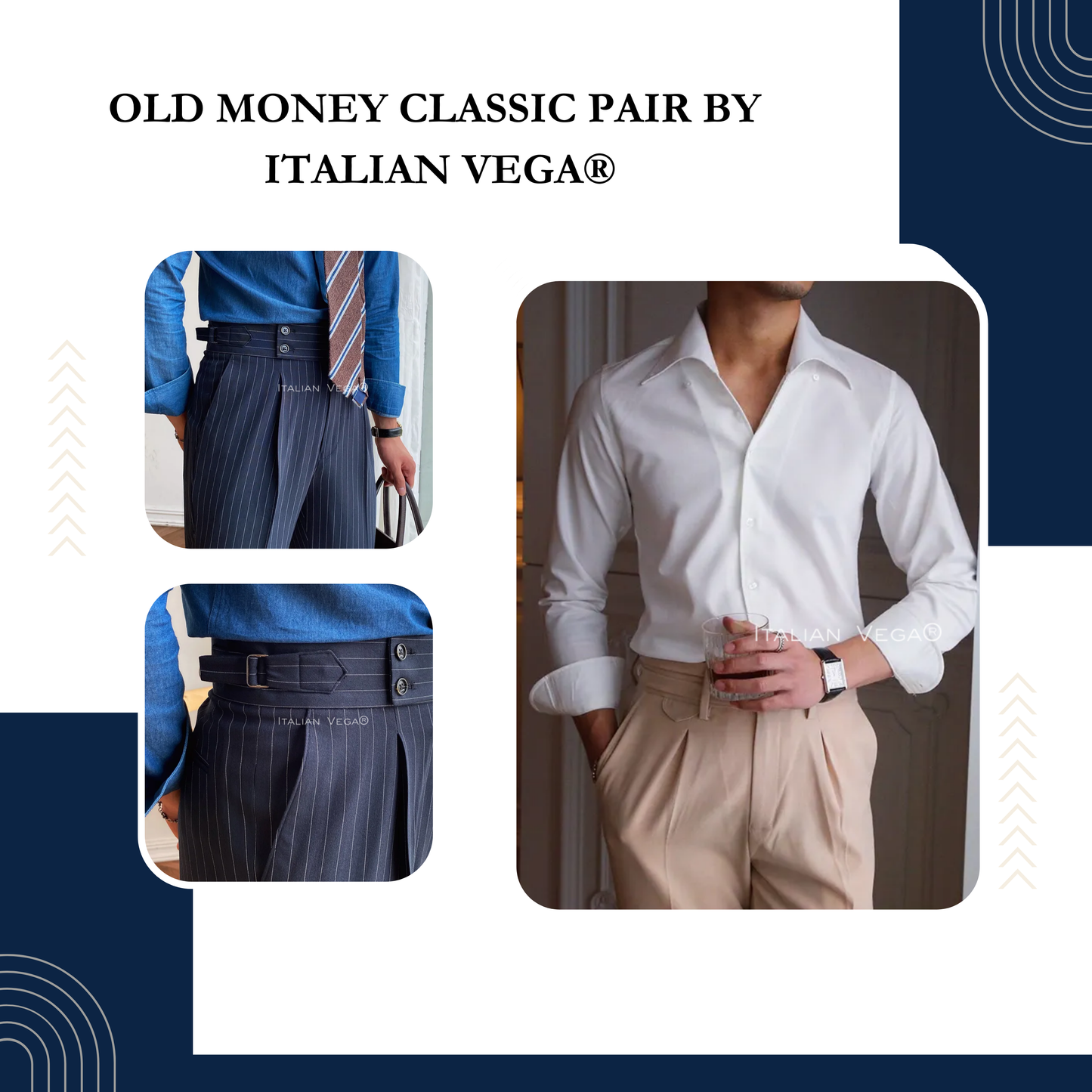 Old Money White Shirt with Navy Stripe Signature Buttoned Gurkha Pant by ITALIAN VEGA®