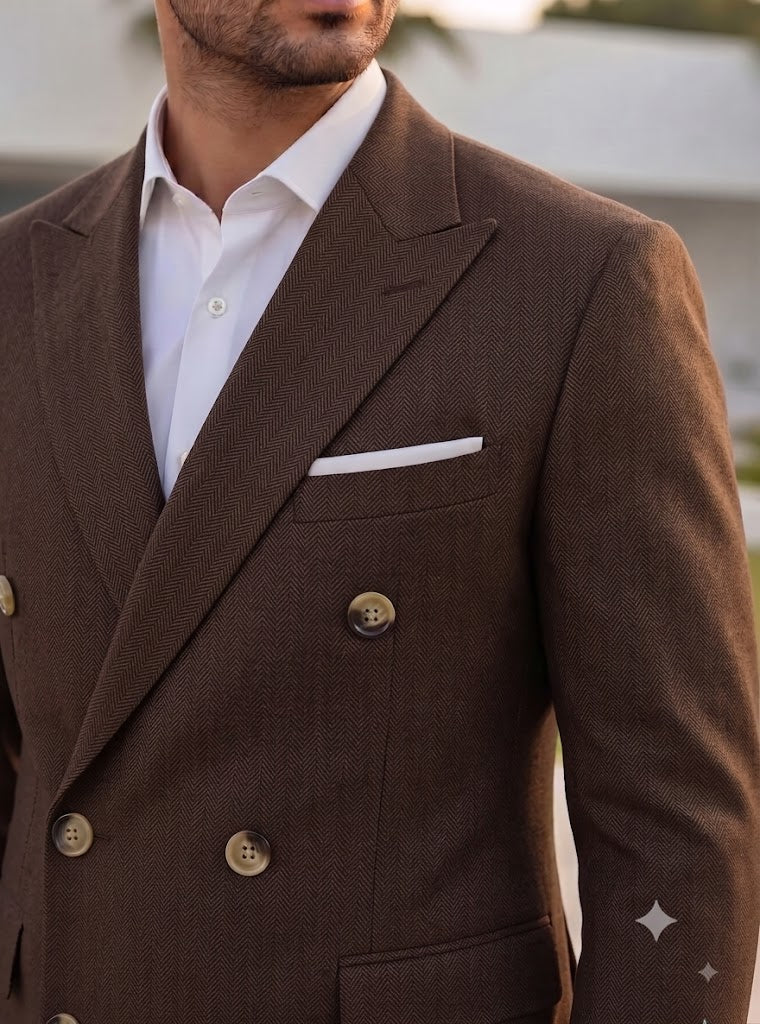 Brown Herringbone Double Breasted Blazer by Italian Vega®