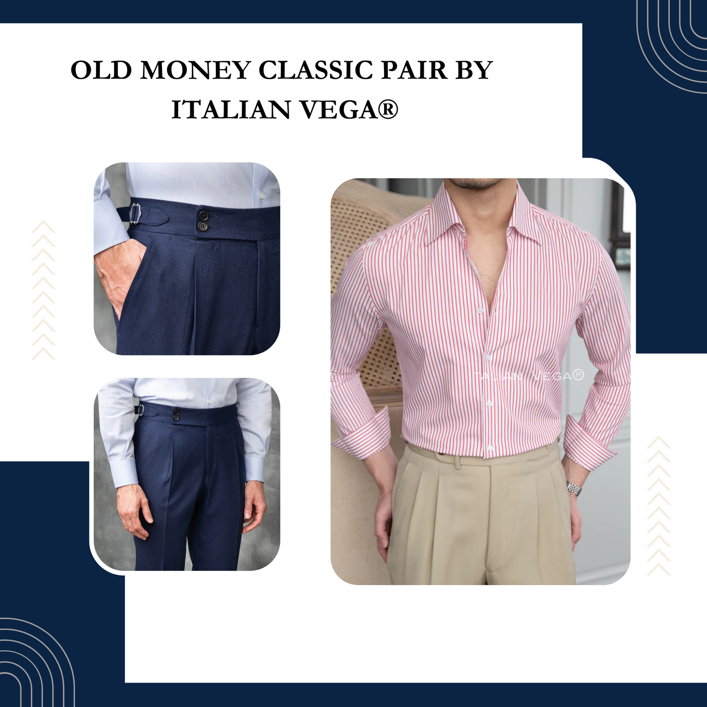 Old Money Crepe Shirt with Navy Blue Signature Buttoned Gurkha Pant by ITALIAN VEGA®