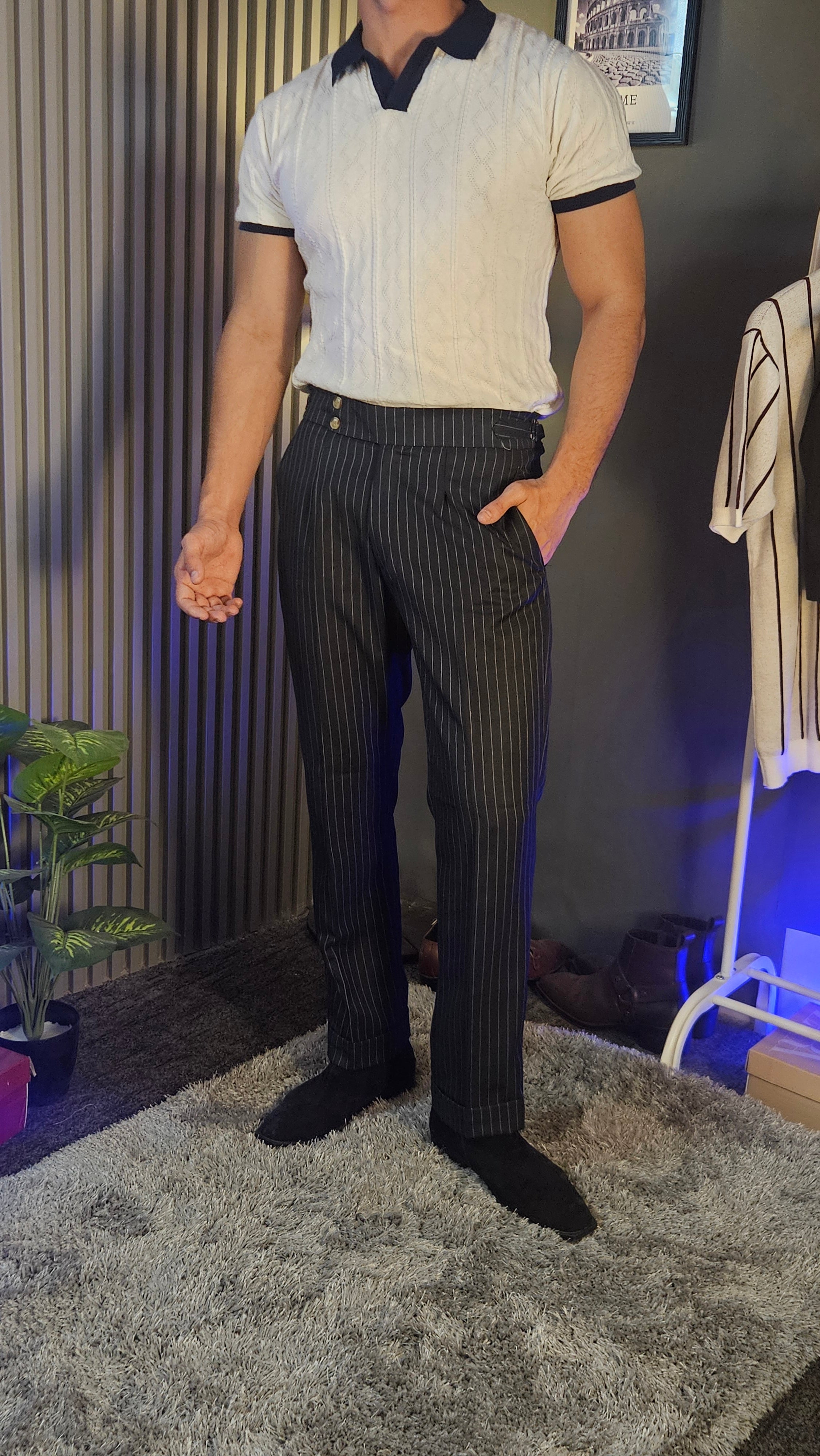 Navy Stripe Signature Button Gurkha Pant × White Diamond Cable Half Sleeves Knit Polo