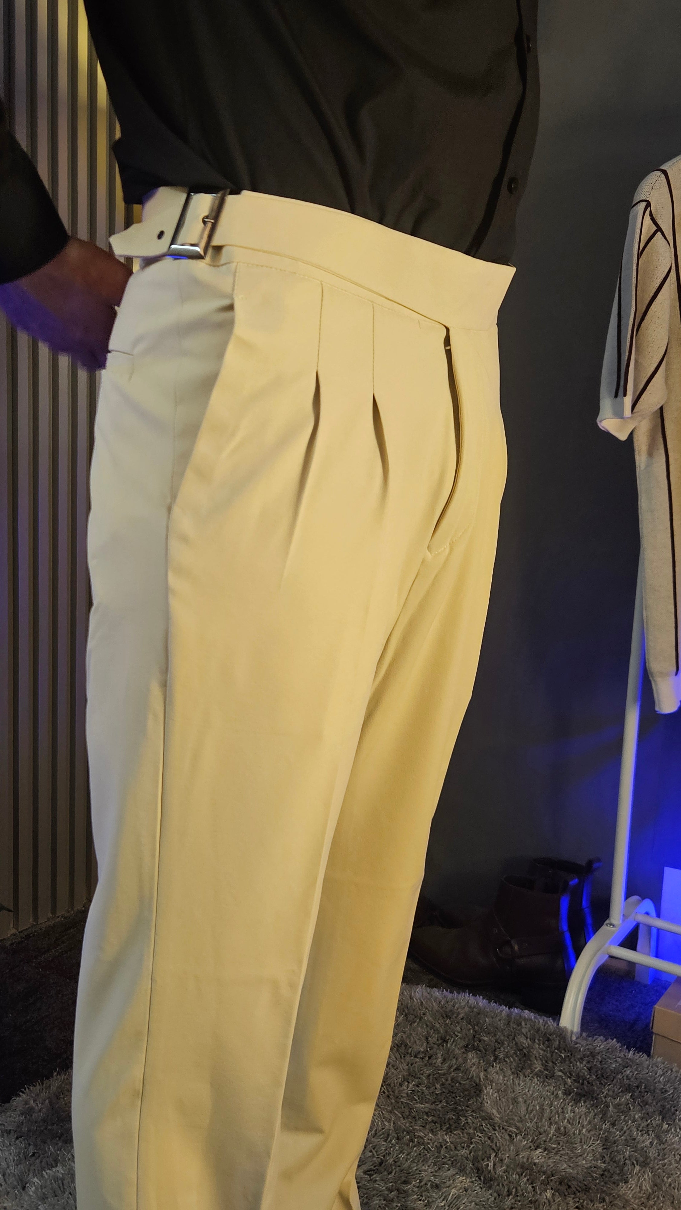 Beige Classic Buckle Gurkha Pants × Black Button-Down Shirt