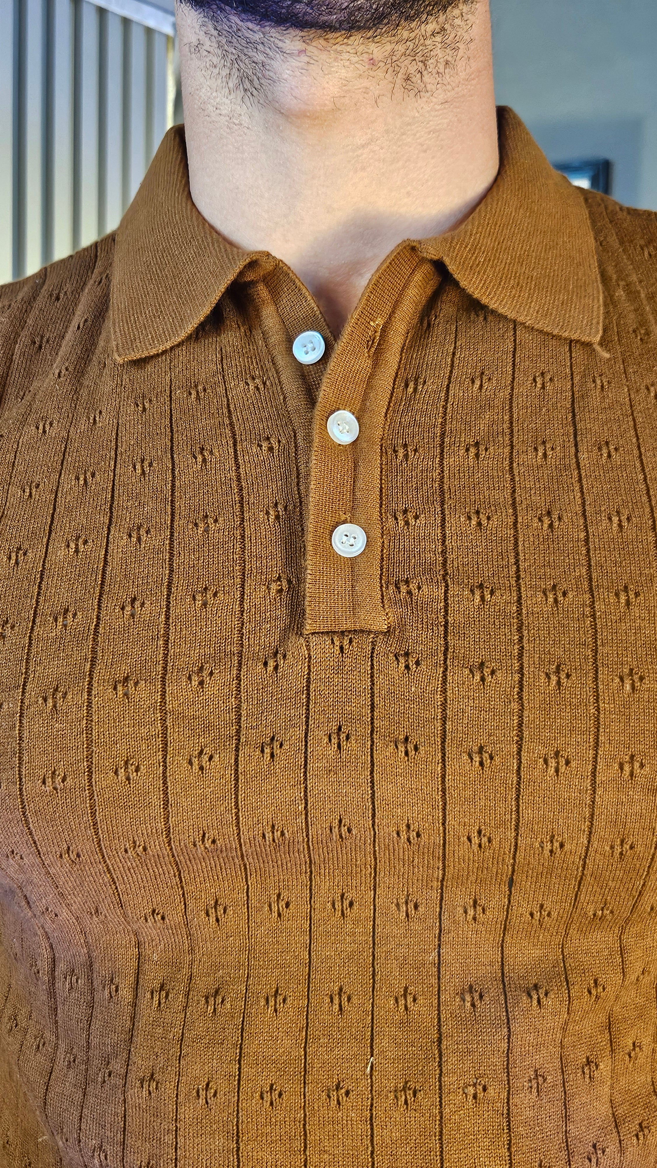Brown Wide Stripes Full Sleeves Knit Polo × Black Corduroy Oxford Gurkha Pant