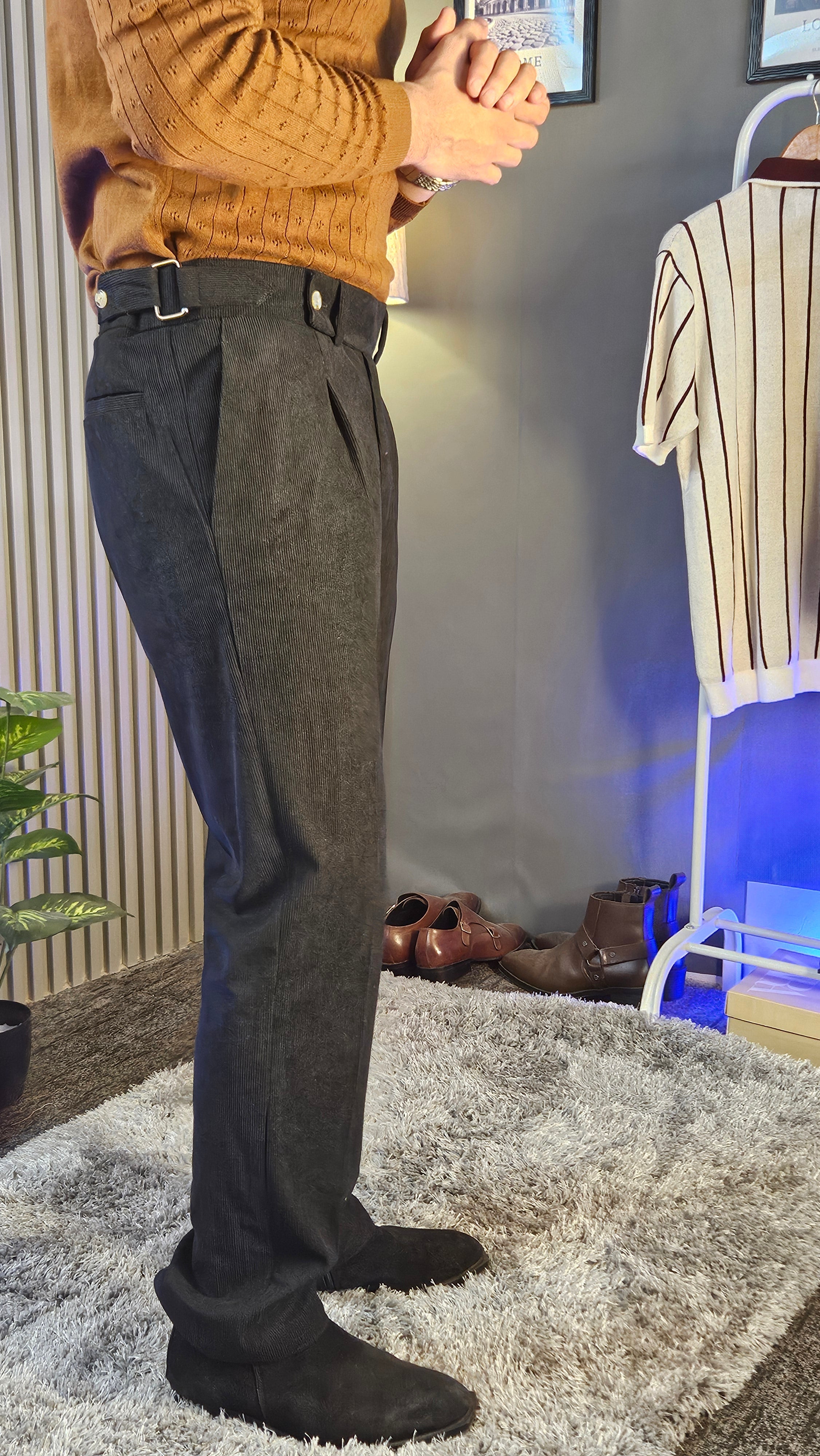 Brown Wide Stripes Full Sleeves Knit Polo × Black Corduroy Oxford Gurkha Pant