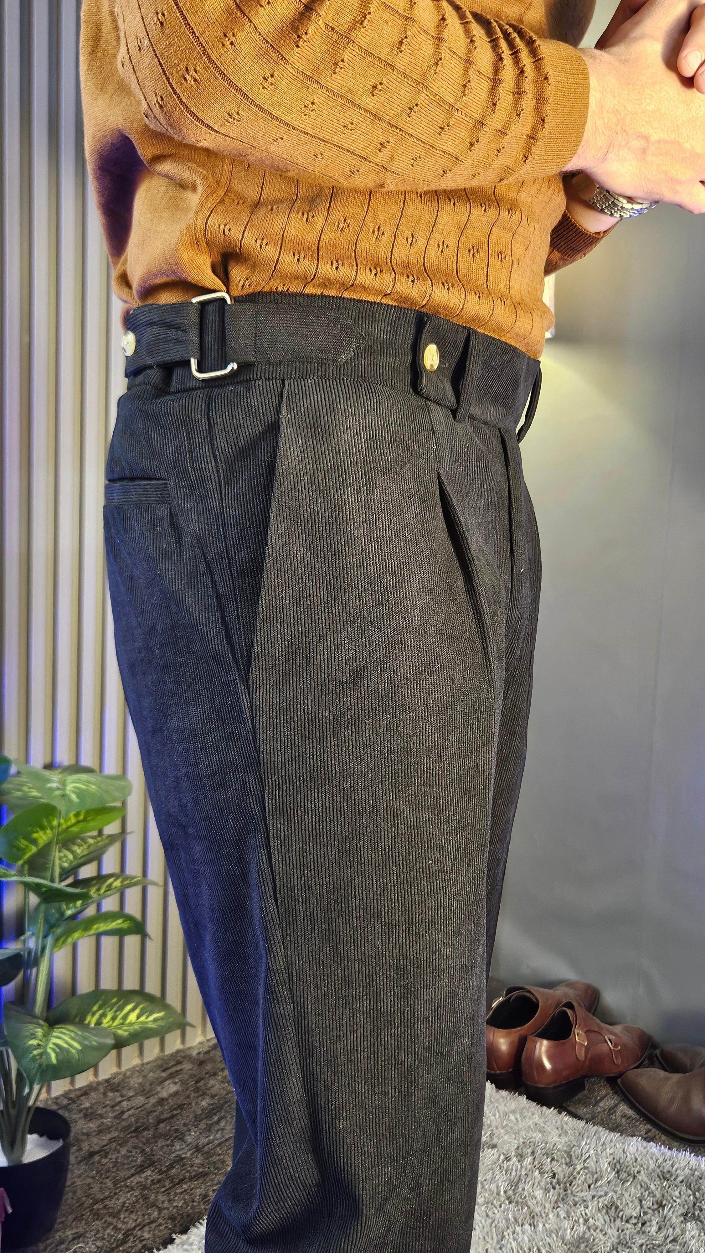 Brown Wide Stripes Full Sleeves Knit Polo × Black Corduroy Oxford Gurkha Pant