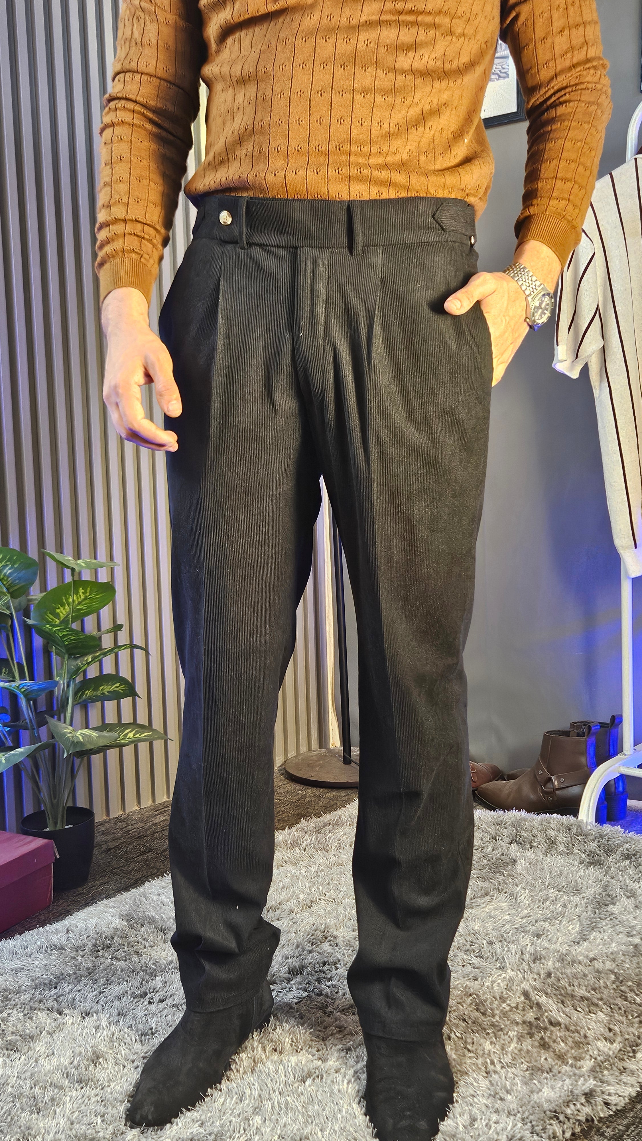 Brown Wide Stripes Full Sleeves Knit Polo × Black Corduroy Oxford Gurkha Pant