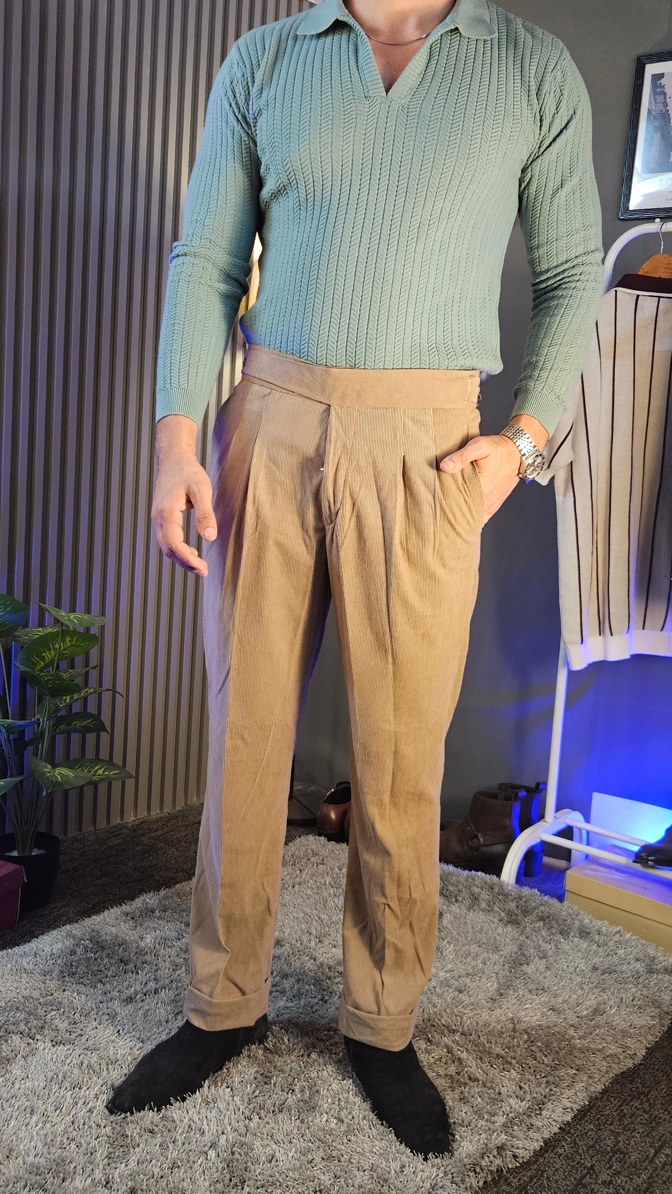 Camel Corduroy Classic Button Gurkha Pant × Sage Green Knit Full Sleeves Polo