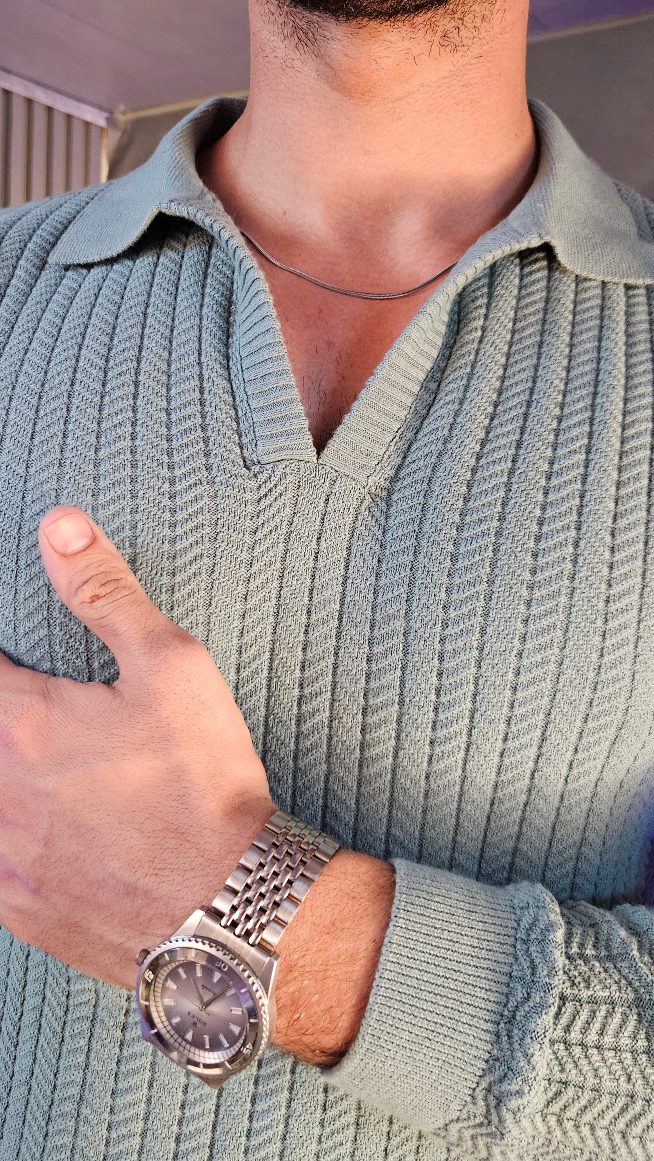 Camel Corduroy Classic Button Gurkha Pant × Sage Green Knit Full Sleeves Polo