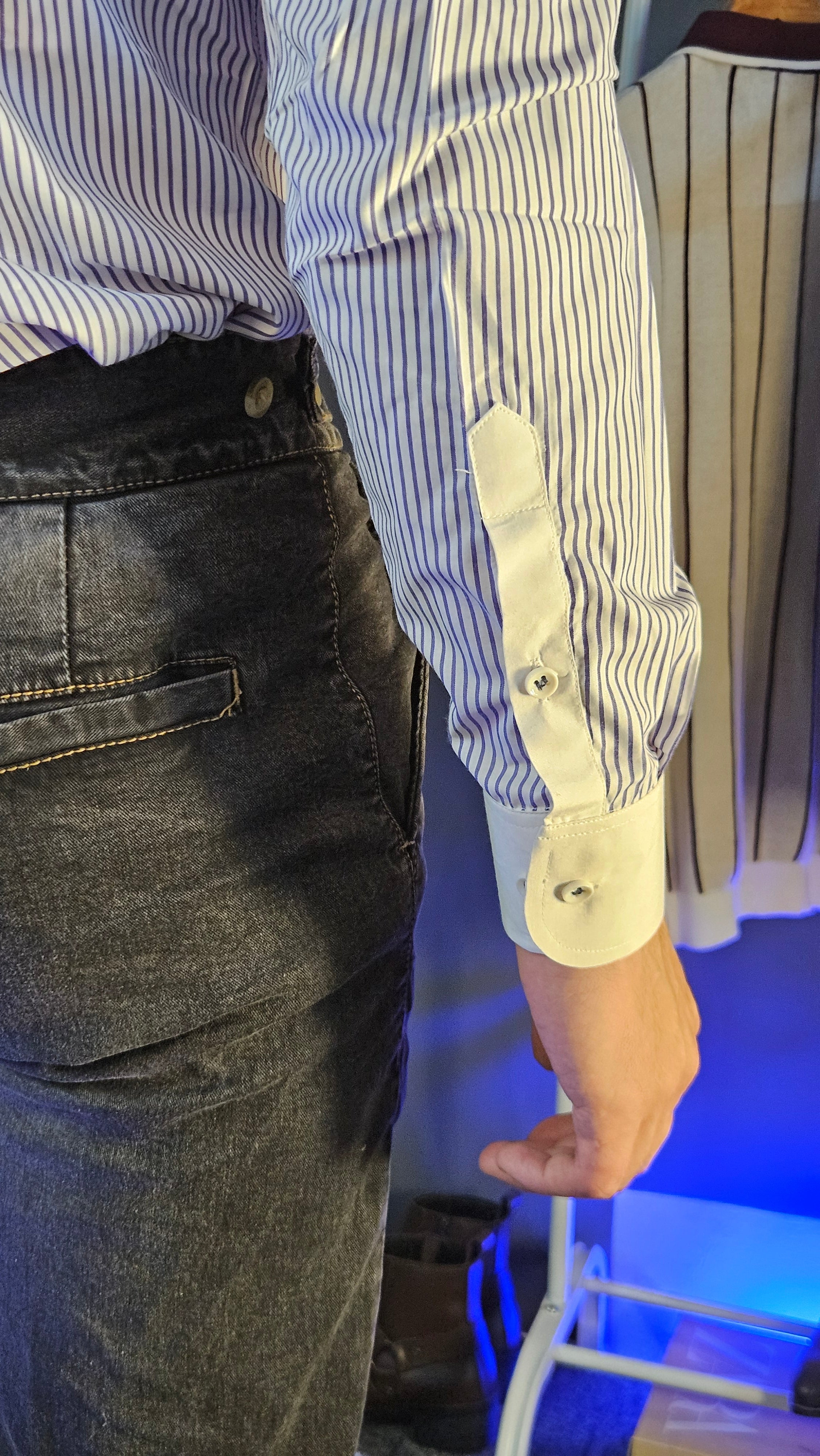 Anthracite Denim Classic Button Gurkha Pant × Navy Contrast Stripes Shirt