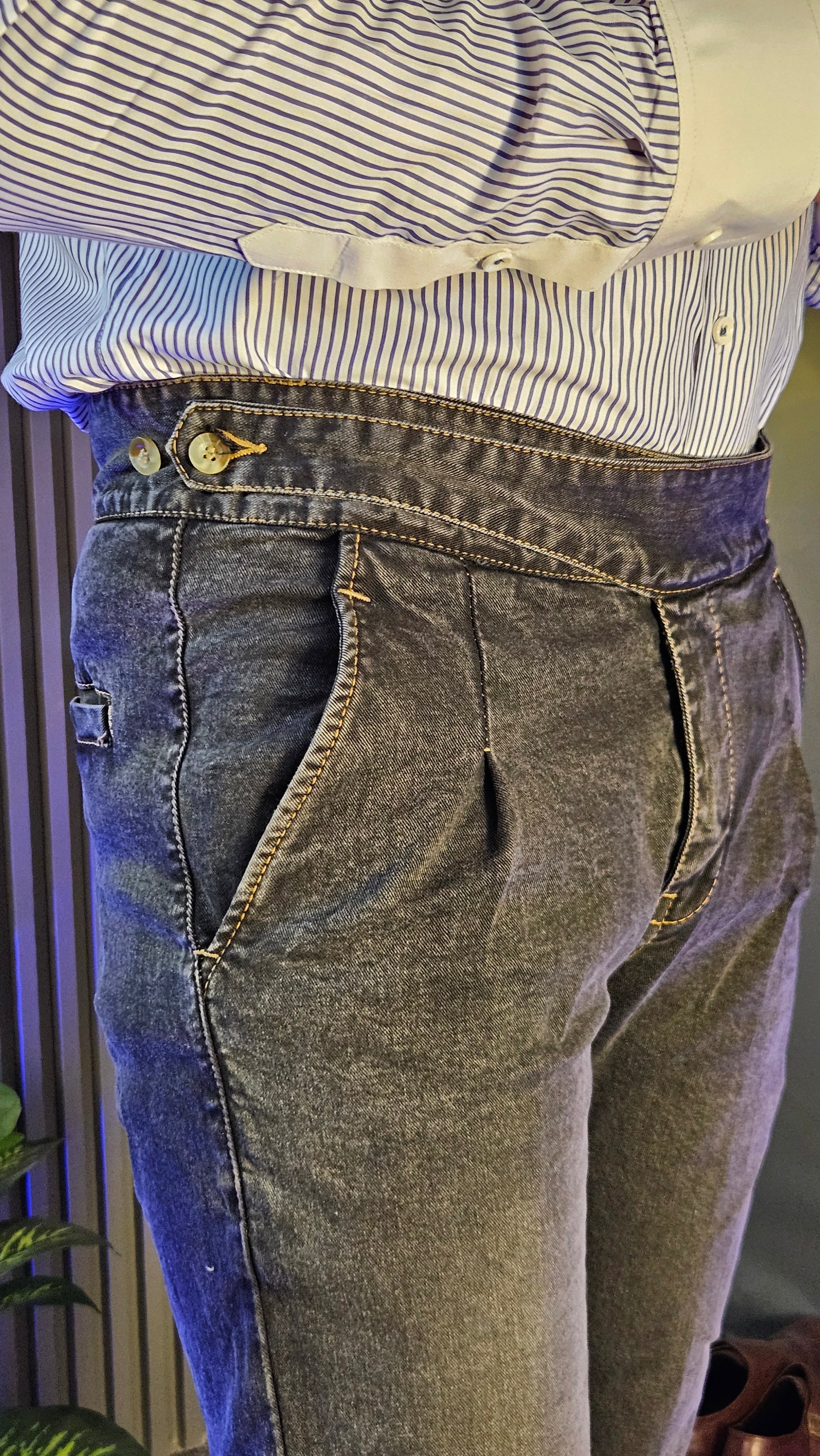 Anthracite Denim Classic Button Gurkha Pant × Navy Contrast Stripes Shirt