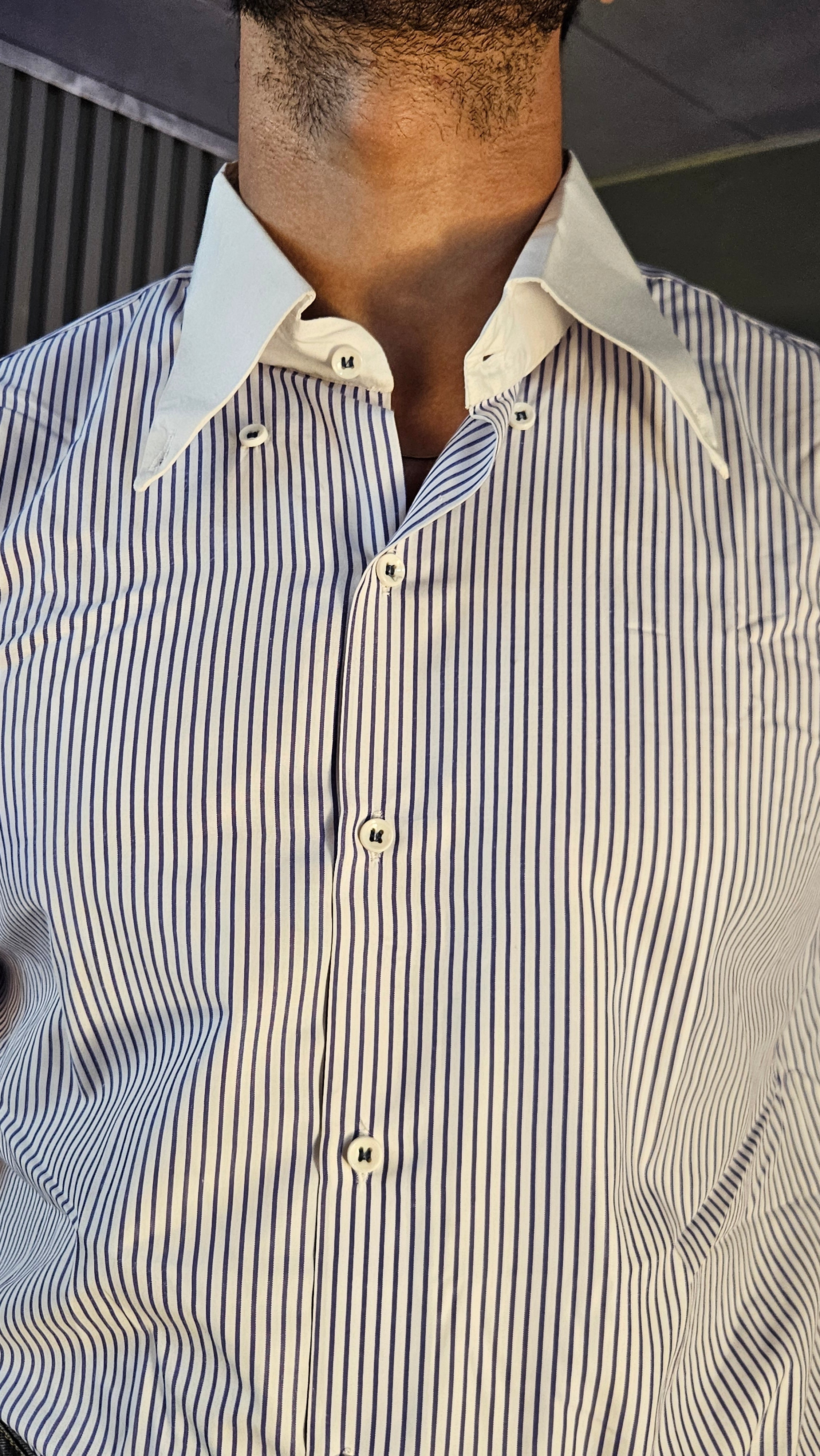 Anthracite Denim Classic Button Gurkha Pant × Navy Contrast Stripes Shirt