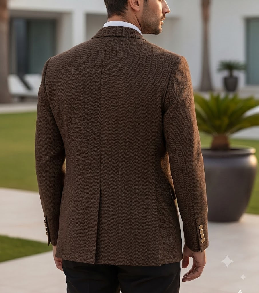 Brown Herringbone Double Breasted Blazer by Italian Vega®