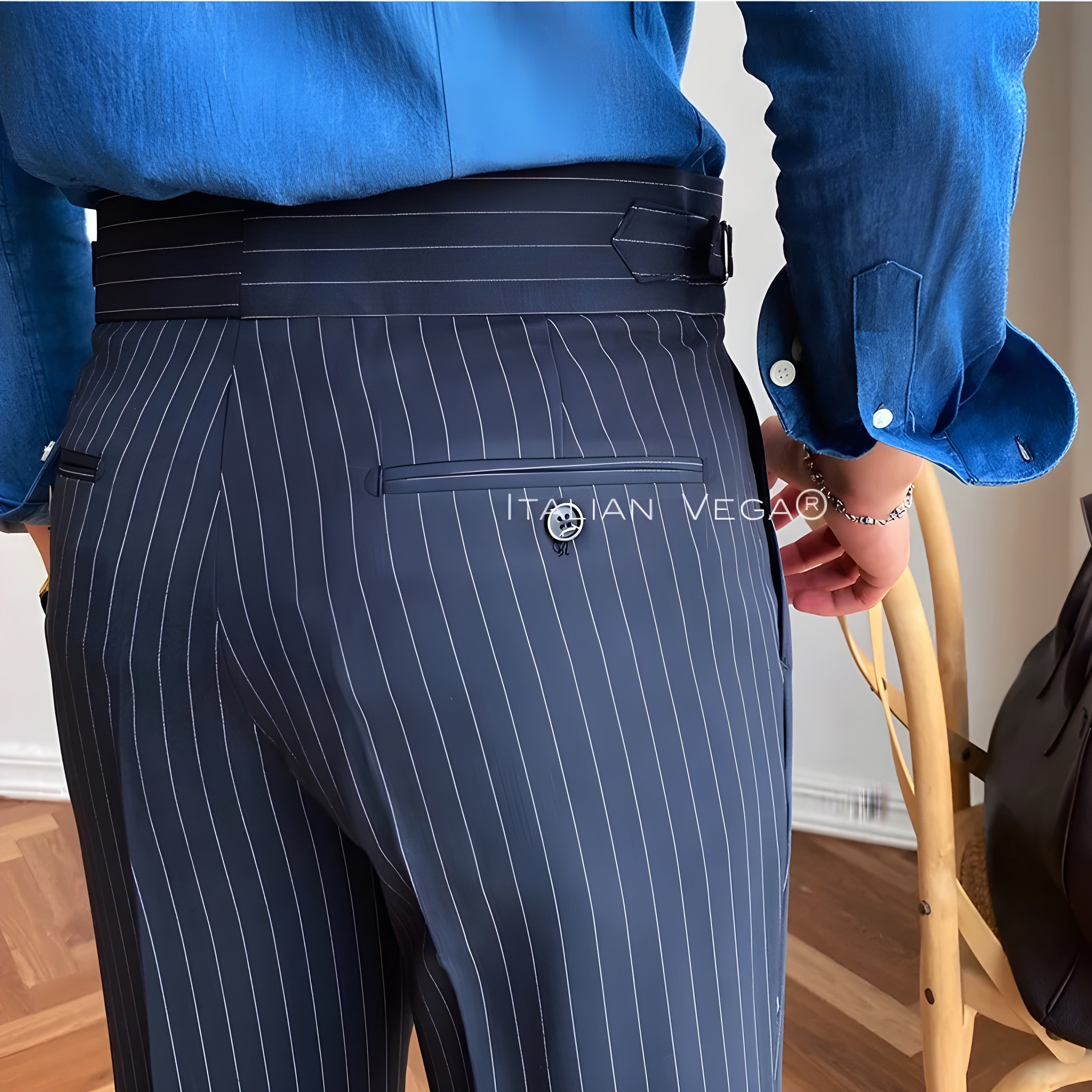 Navy Striped Buttoned Gurkha Pants | Italian Vega® Limited Edition