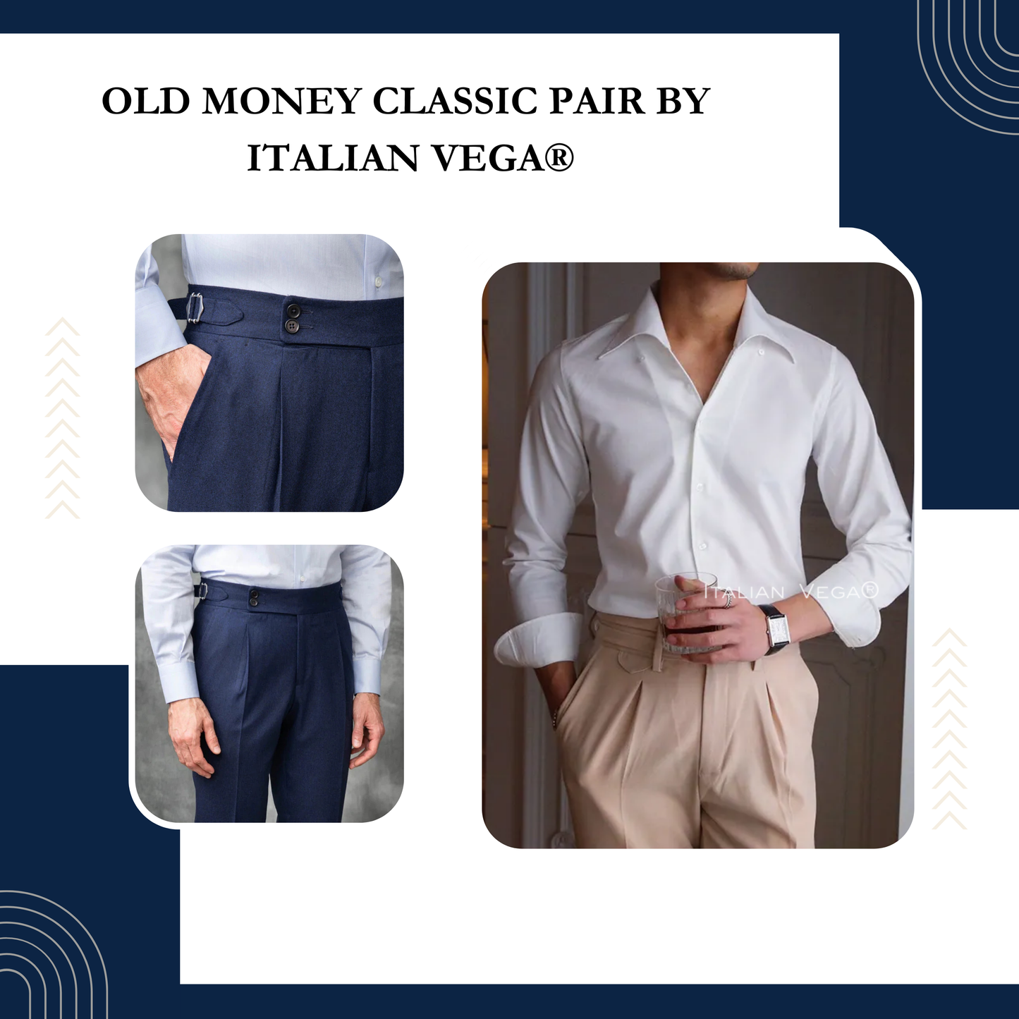 Old Money White Shirt with Navy Blue Signature Buttoned Gurkha Pant by ITALIAN VEGA®