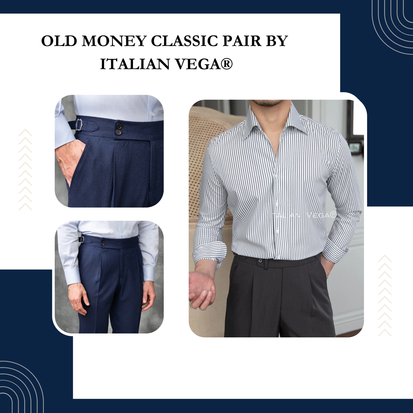 Old Money Grey Stripe Shirt with Navy Blue Signature Buttoned Gurkha Pant by ITALIAN VEGA®