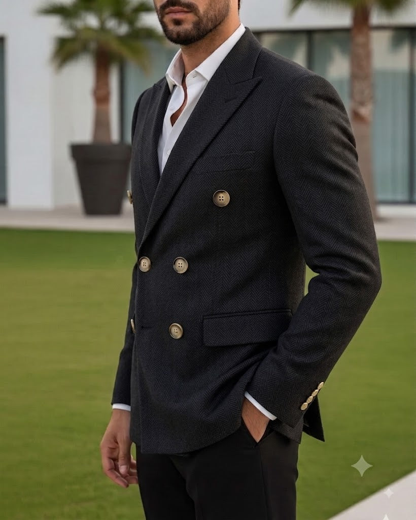 Black Herringbone Double Breasted Blazer by Italian Vega®