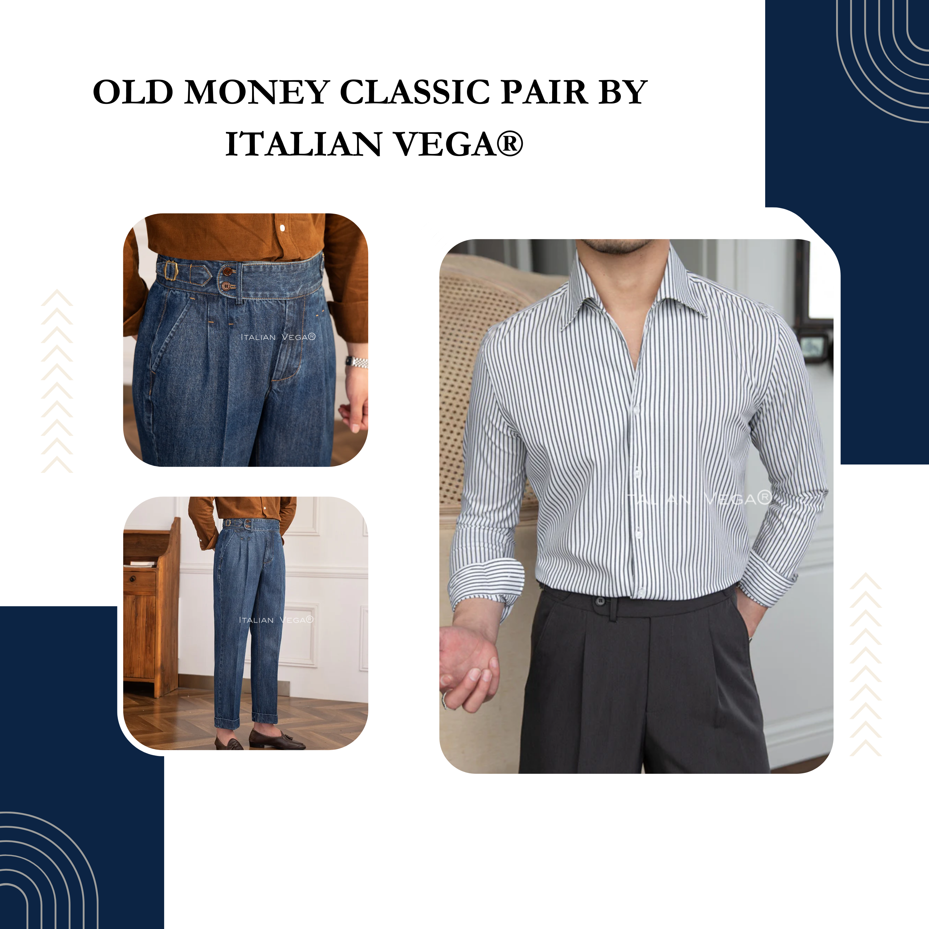 Old Money Grey Stripe Shirt with Dark Blue Denim Signature Buttoned Gurkha Pant by ITALIAN VEGA®