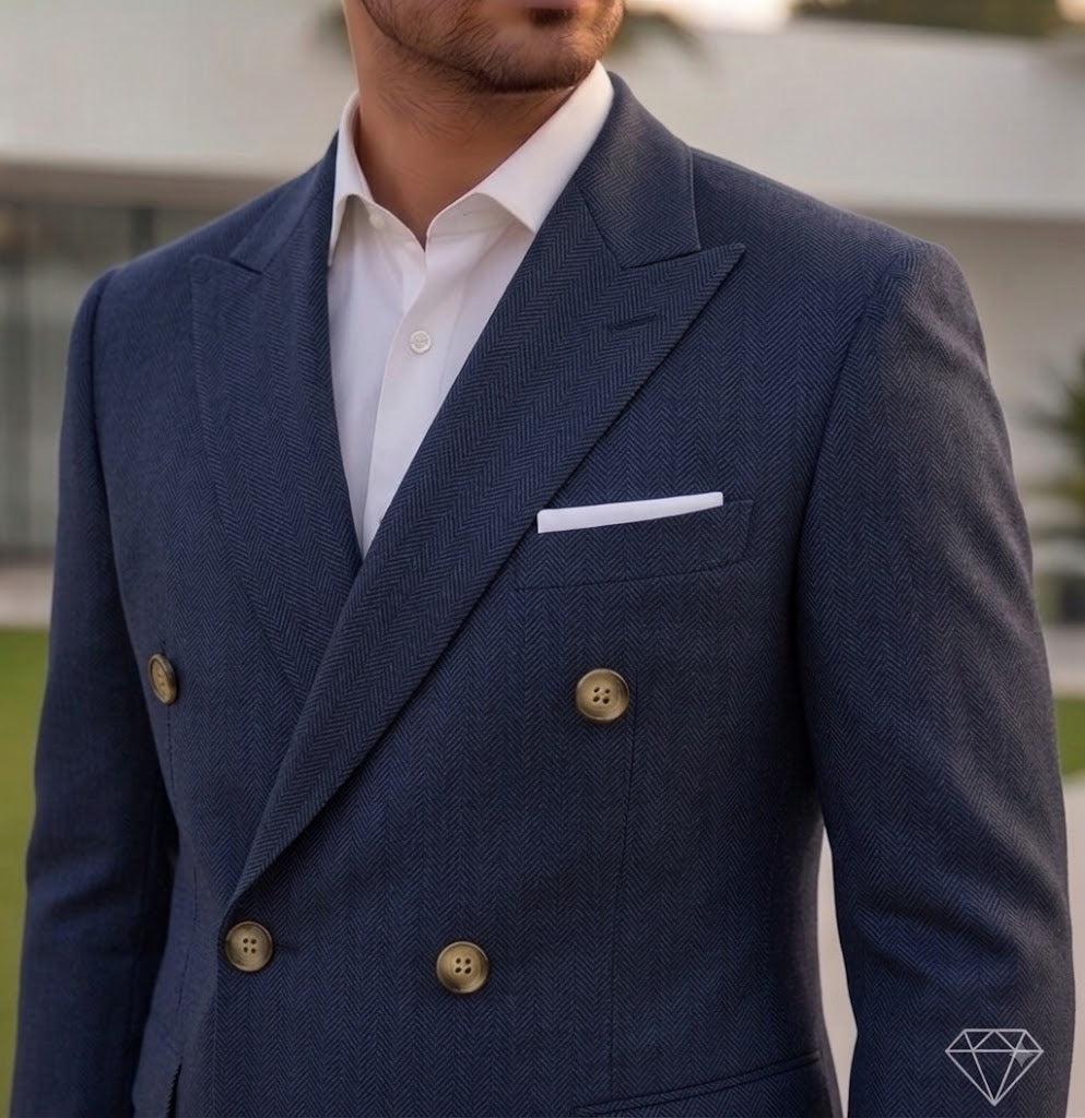 Navy Herringbone Double Breasted Blazer by Italian Vega®