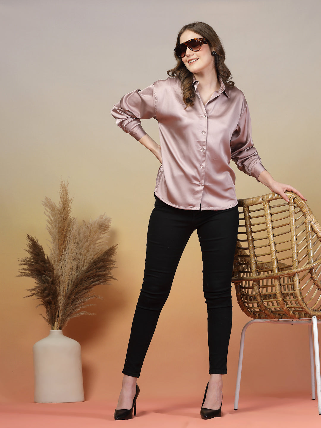 Oyster Pink Satin Shirt for Women | By ItalianVega