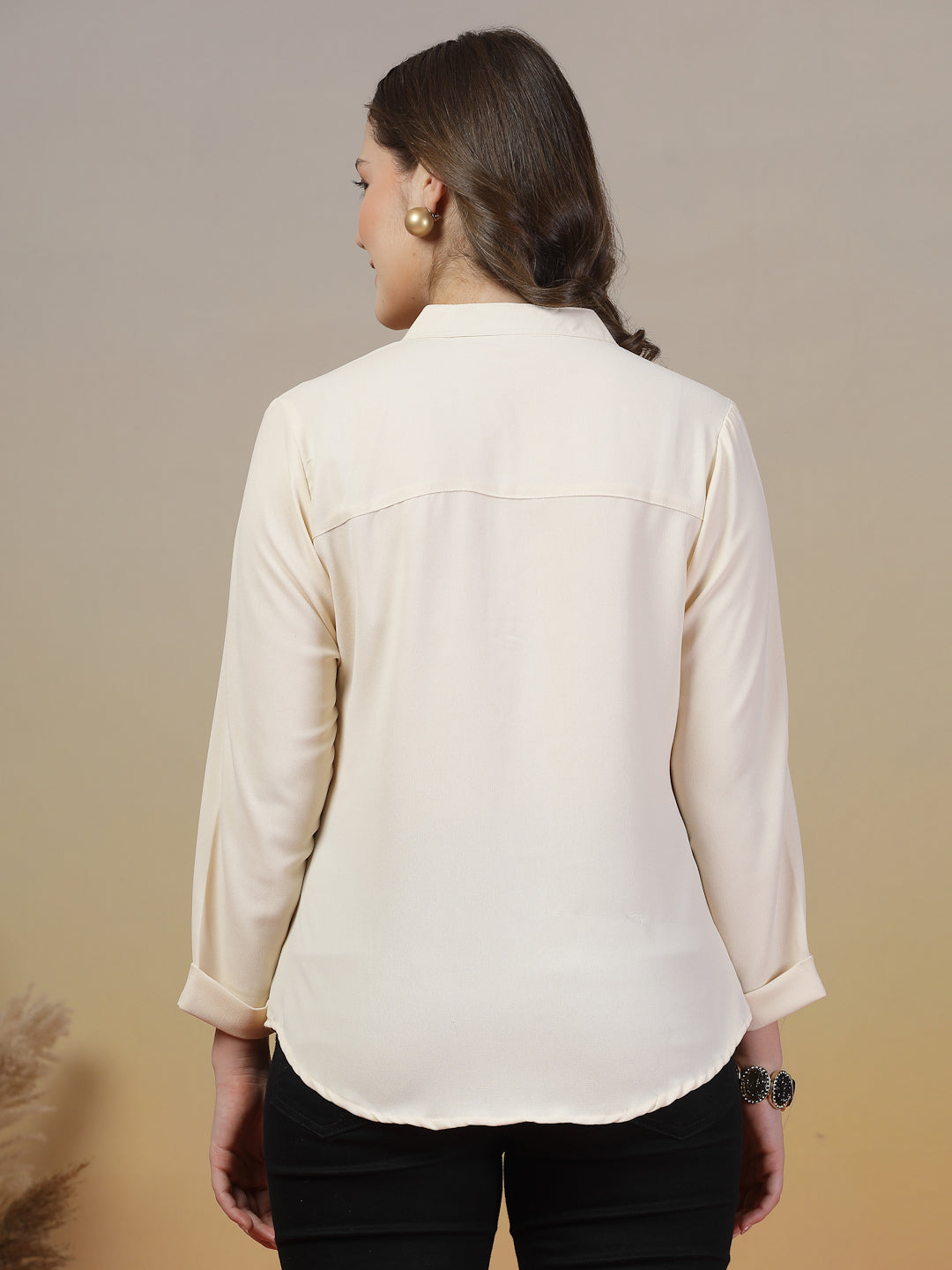 Bright Cream Mandarin Collar Buttoned Shirt for Women | By ItalianVega