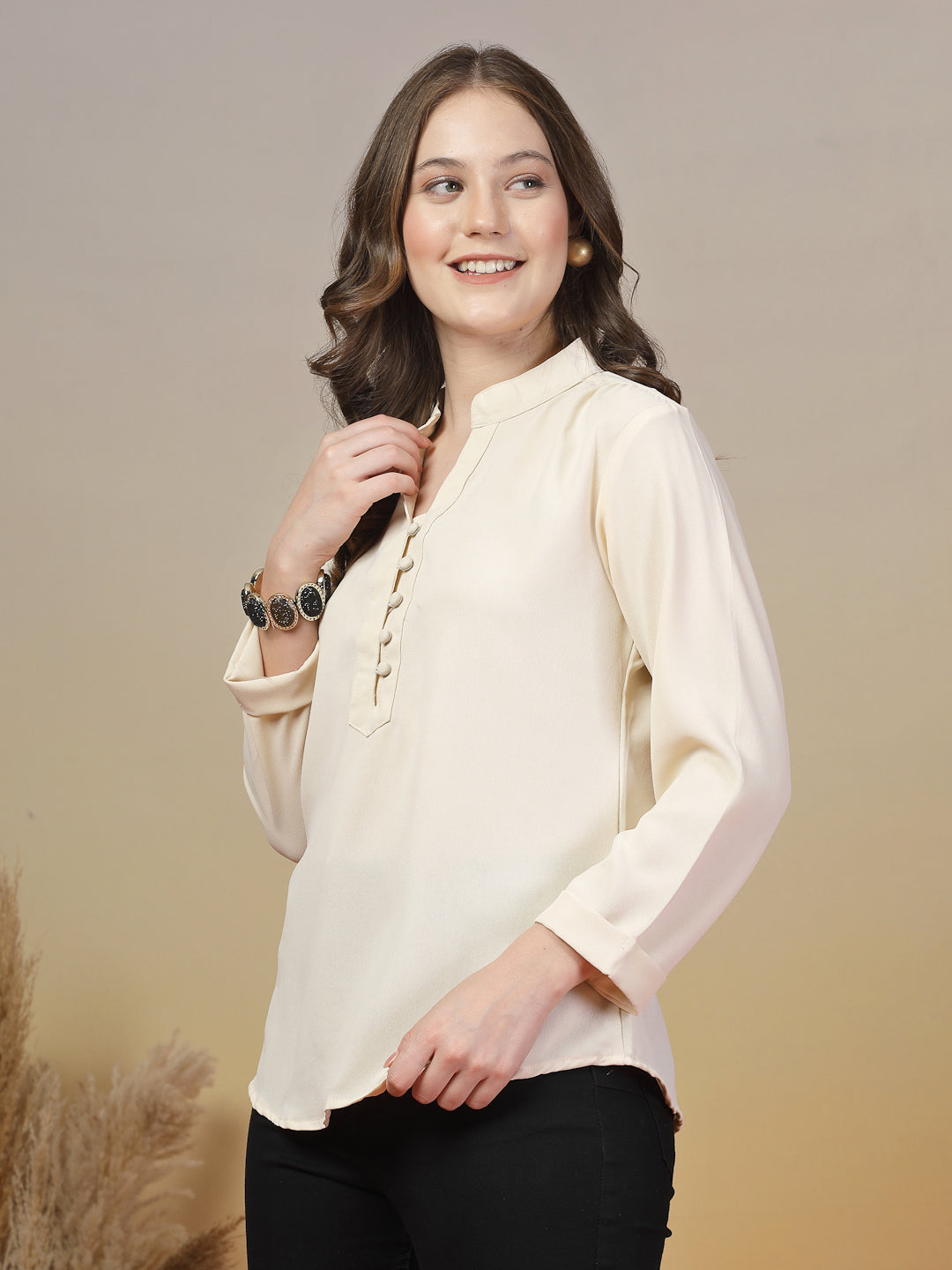 Bright Cream Mandarin Collar Buttoned Shirt for Women | By ItalianVega