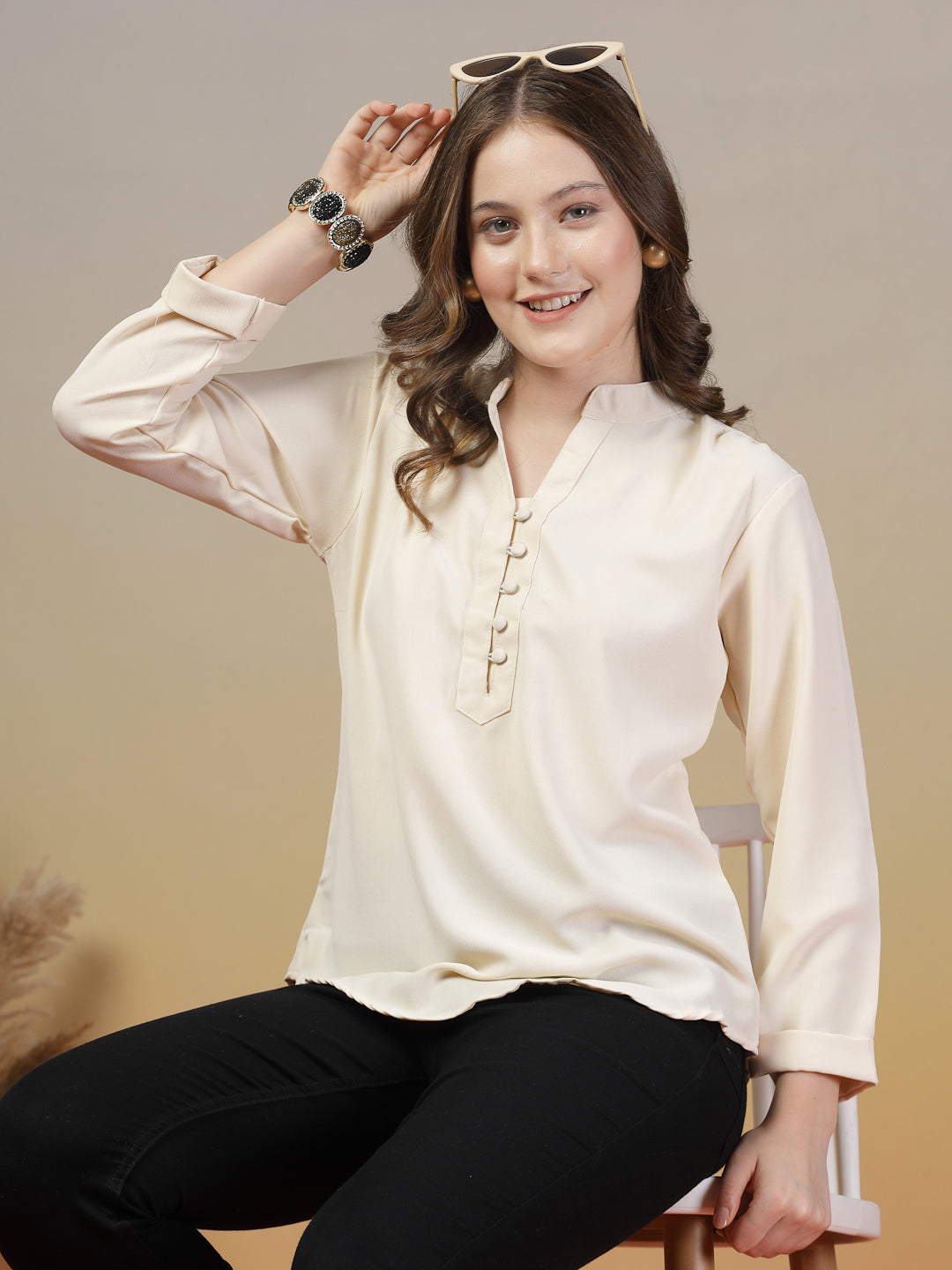 Bright Cream Mandarin Collar Buttoned Shirt for Women | By ItalianVega