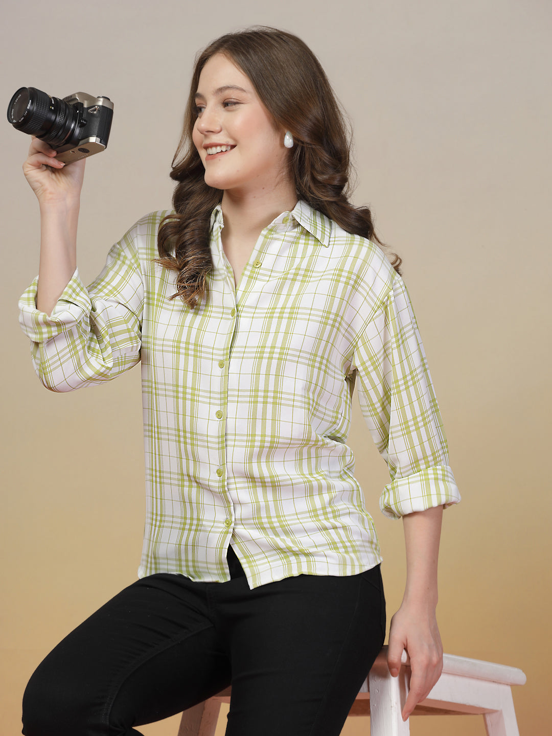 Yellow Cream Checkered Cream Shirt for Women | By ItalianVega