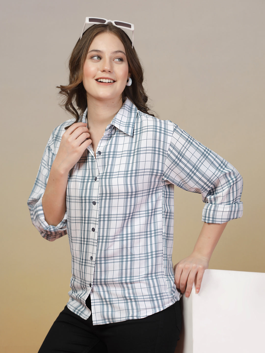 Light Blue Checkered White Shirt for Women | By ItalianVega
