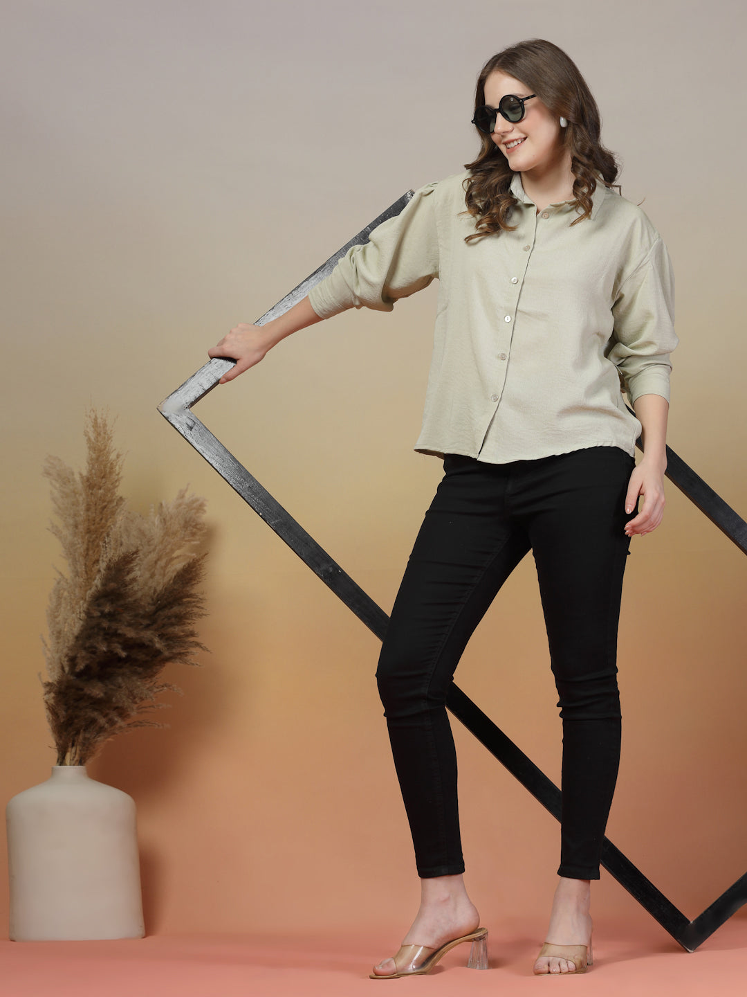 Beige Loose Fit Plain Shirt for Women | By ItalianVega