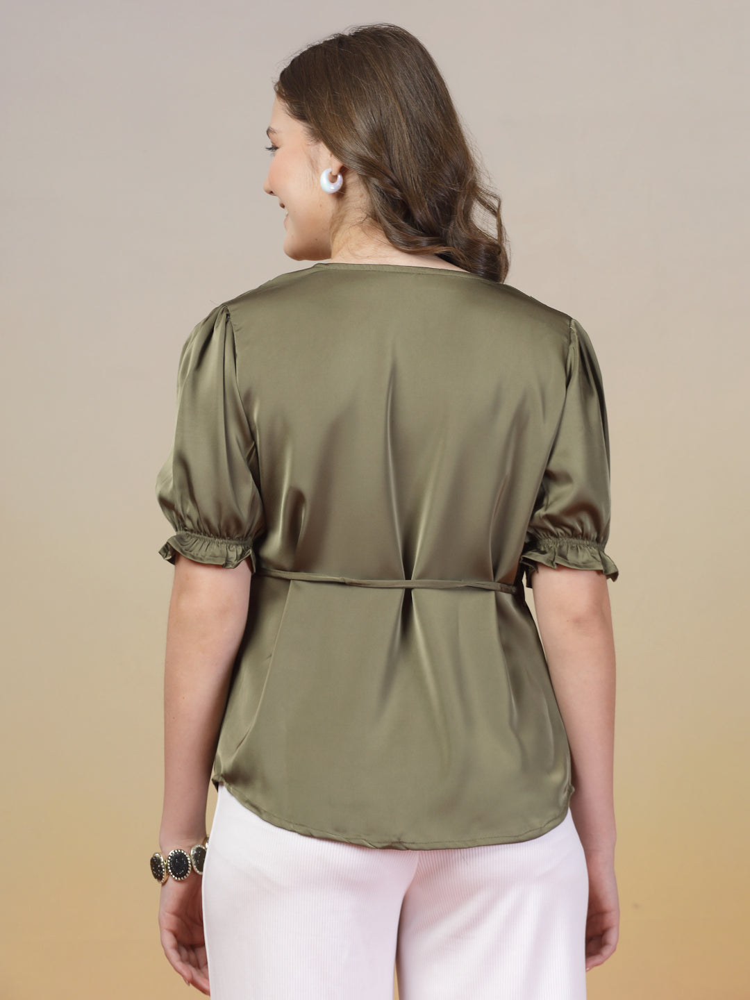 Olive Green Satin Shirt for Women | By ItalianVega