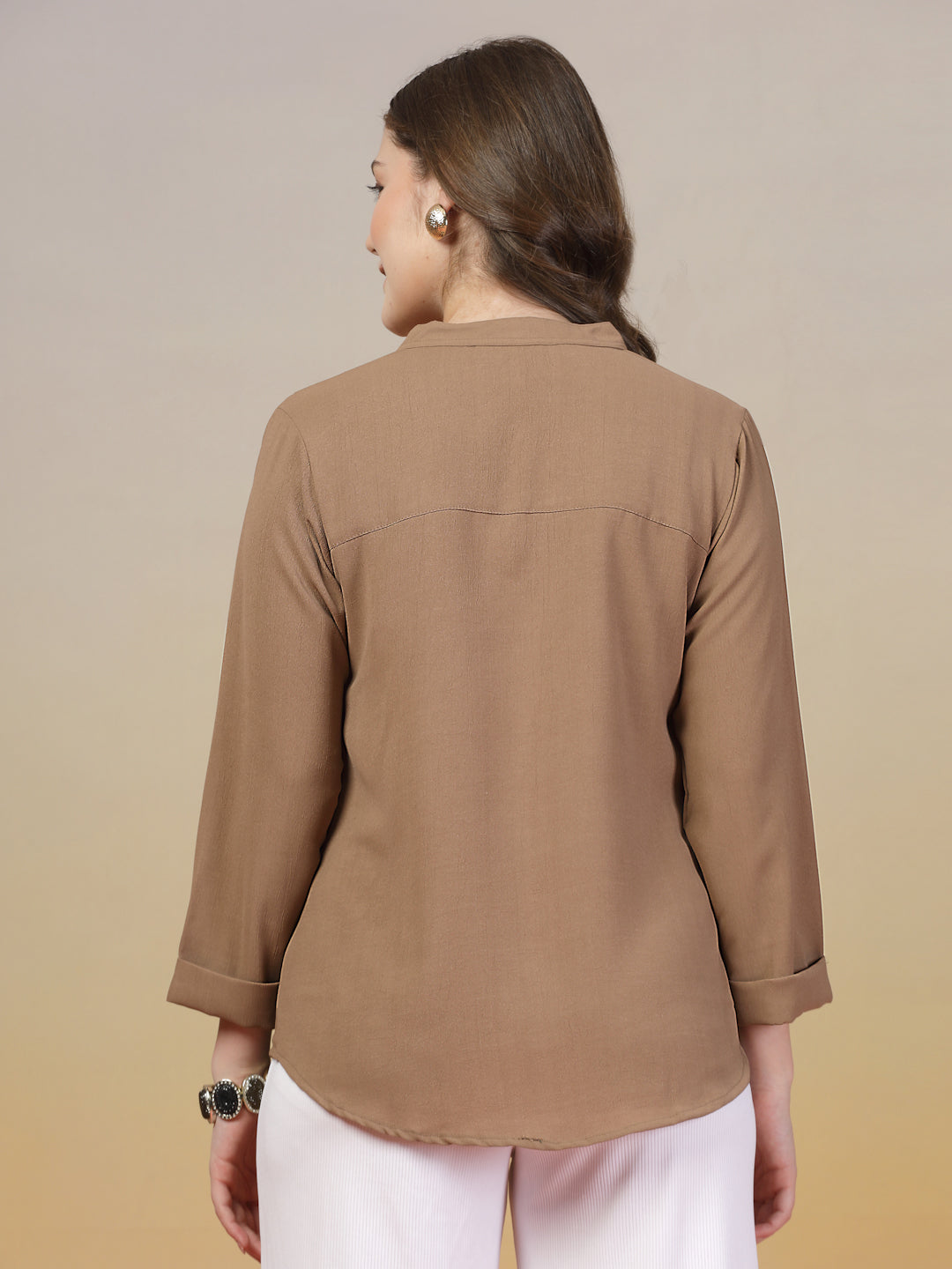 Brown Mandarin Collar Buttoned Shirt for Women | By ItalianVega