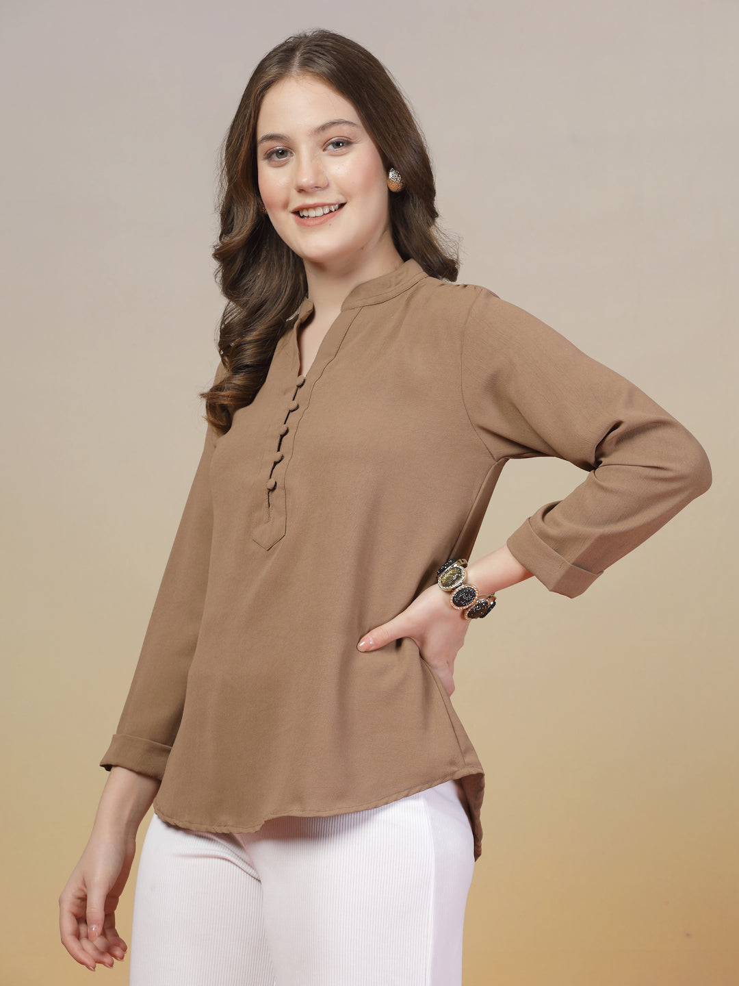 Brown Mandarin Collar Buttoned Shirt for Women | By ItalianVega