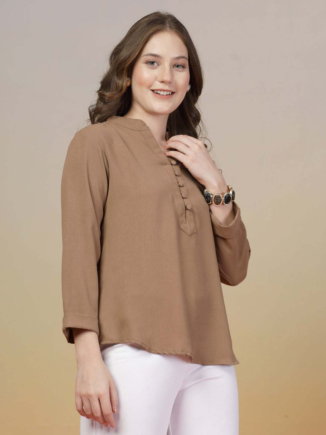 Brown Mandarin Collar Buttoned Shirt for Women | By ItalianVega