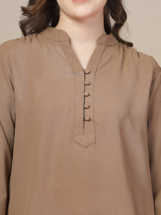 Brown Mandarin Collar Buttoned Shirt for Women | By ItalianVega