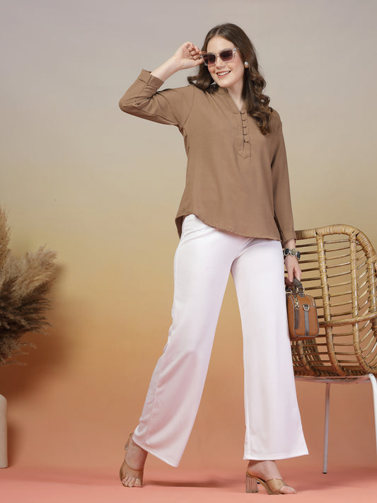 Brown Mandarin Collar Buttoned Shirt for Women | By ItalianVega