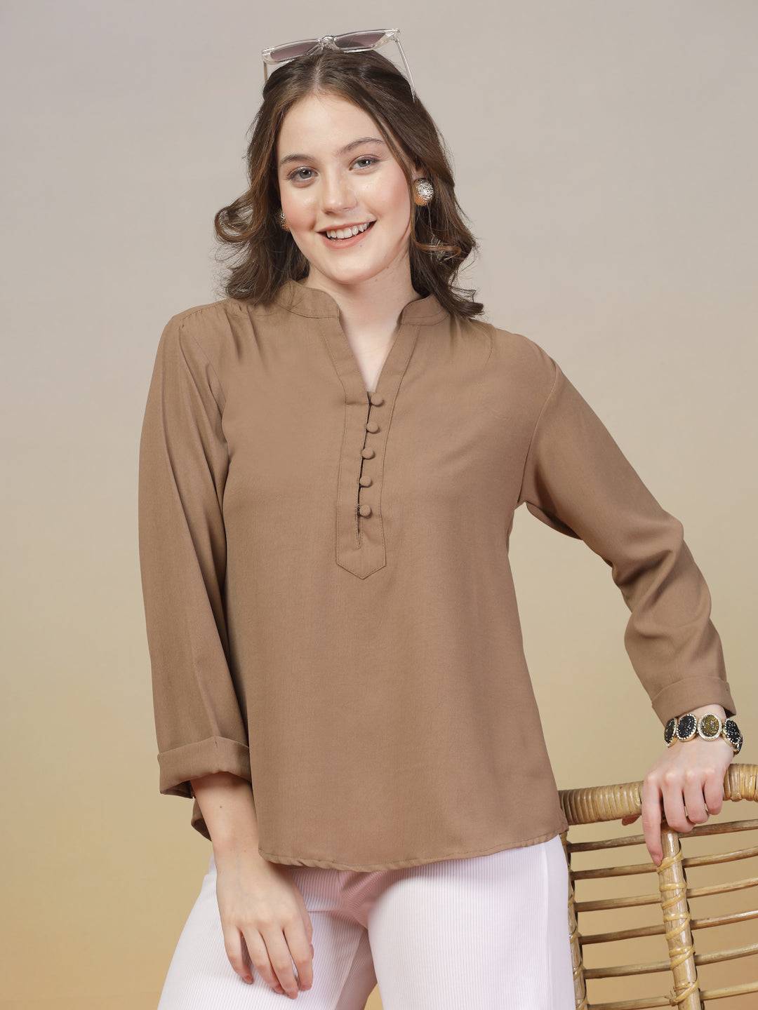 Brown Mandarin Collar Buttoned Shirt for Women | By ItalianVega