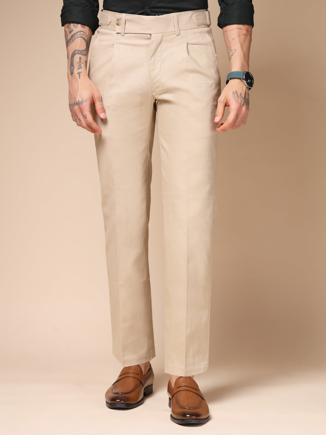 Beige Oxford Linen Gurkha Pants | Boot Cut Fit by ITALIAN VEGA®
