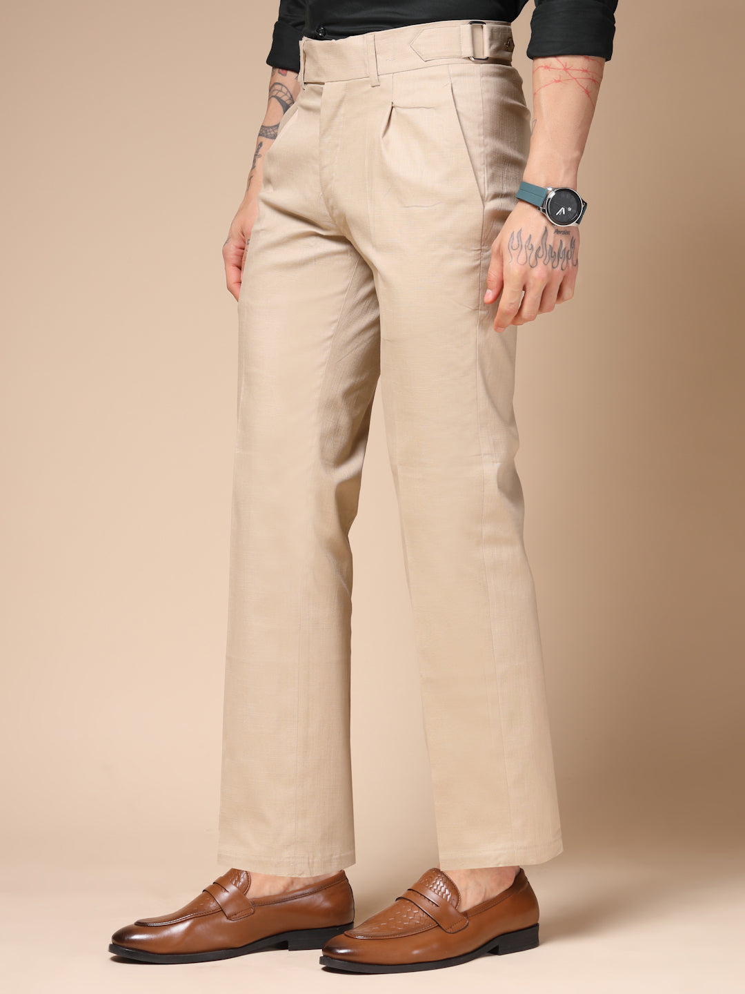 Beige Oxford Linen Gurkha Pants | Boot Cut Fit by ITALIAN VEGA®