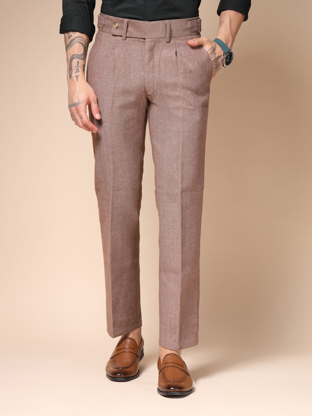 Khakhi Oxford Herringbone Gurkha Pants | Boot Cut Fit by ITALIAN VEGA®