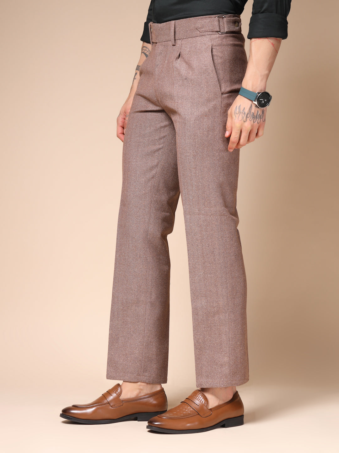 Khakhi Oxford Herringbone Gurkha Pants | Boot Cut Fit by ITALIAN VEGA®